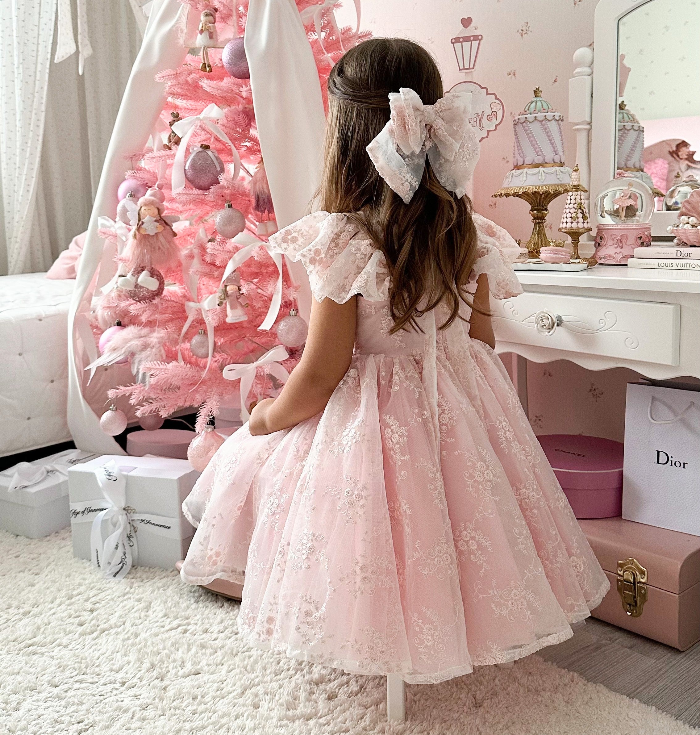 Rose Garden Dress & Hair Bow - Pink ( Made to order ) MK024
