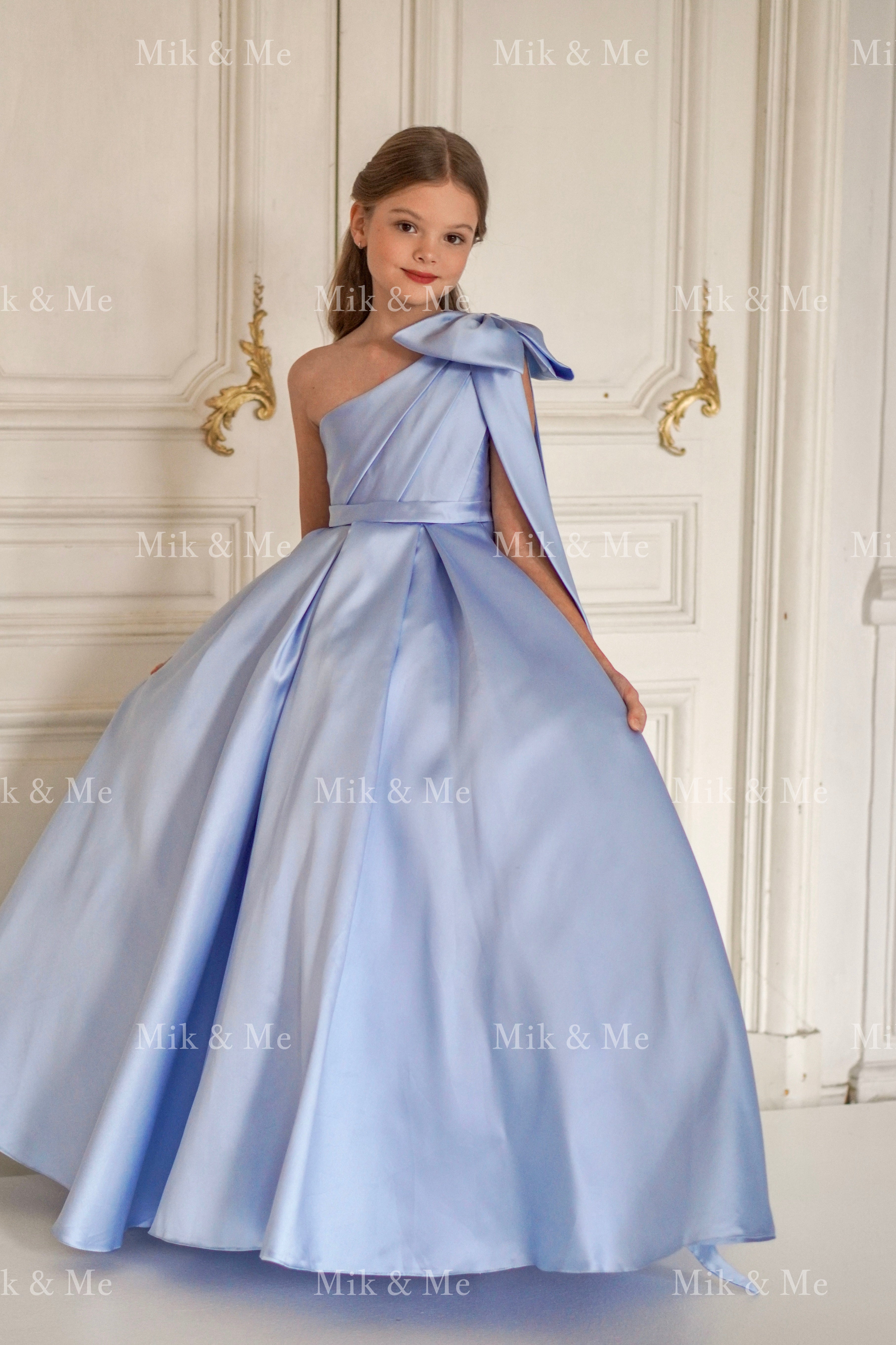 Jasmine Blue Satin Girls Special Occasion Dress (Made to order) MK004