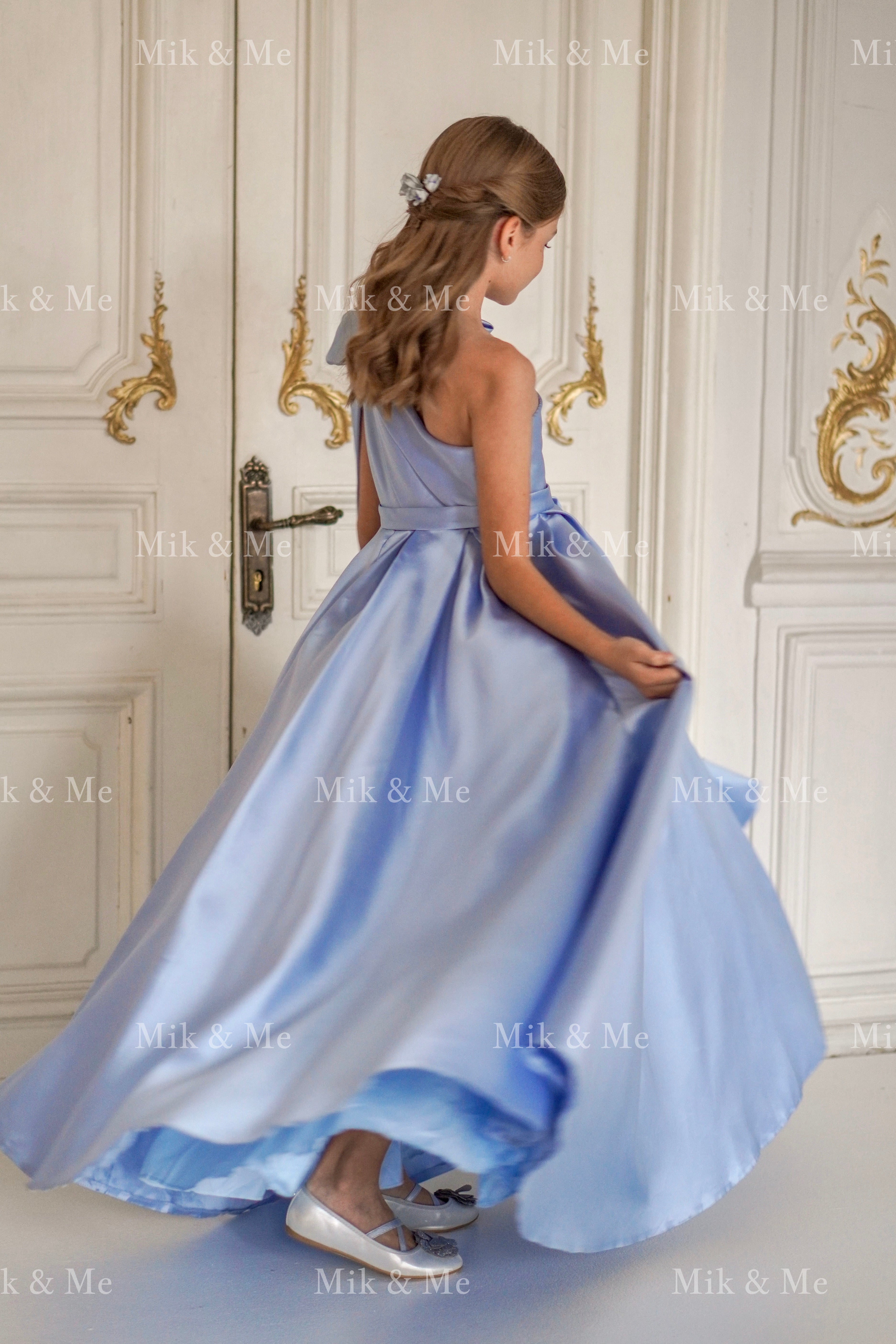 Jasmine Blue Satin Girls Special Occasion Dress (Made to order) MK004