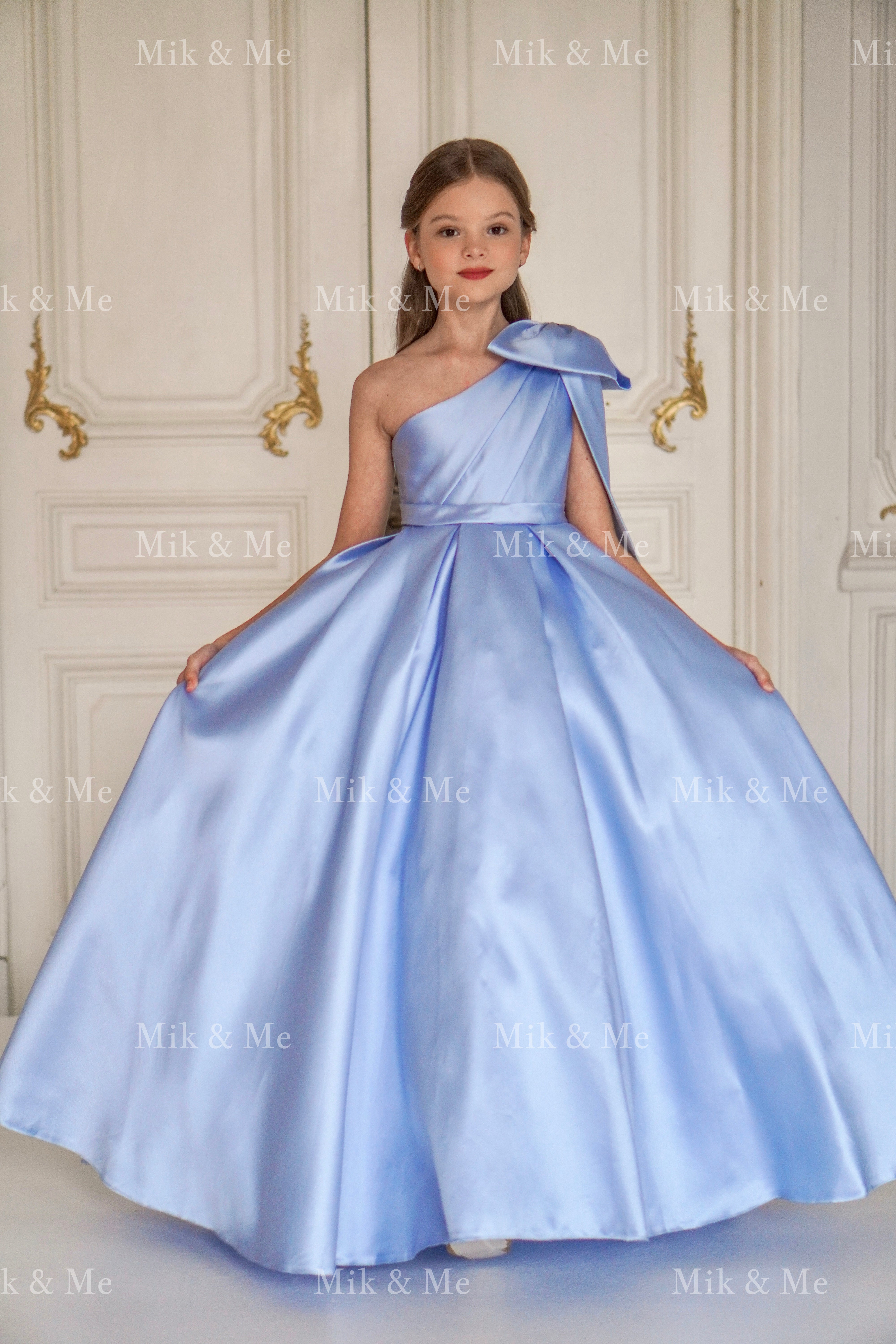 Jasmine Blue Satin Girls Special Occasion Dress (Made to order) MK004