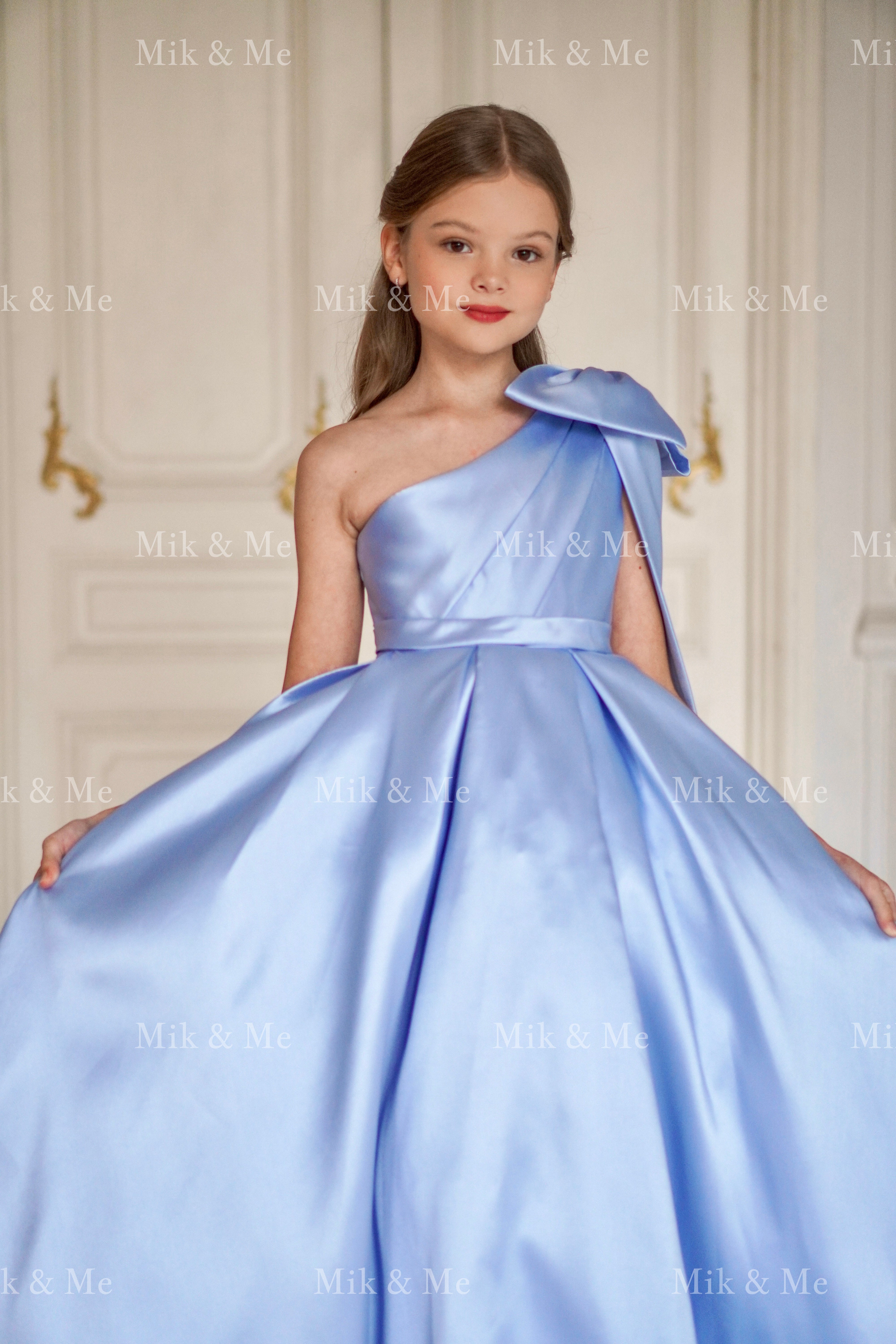 Jasmine Blue Satin Girls Special Occasion Dress (Made to order) MK004