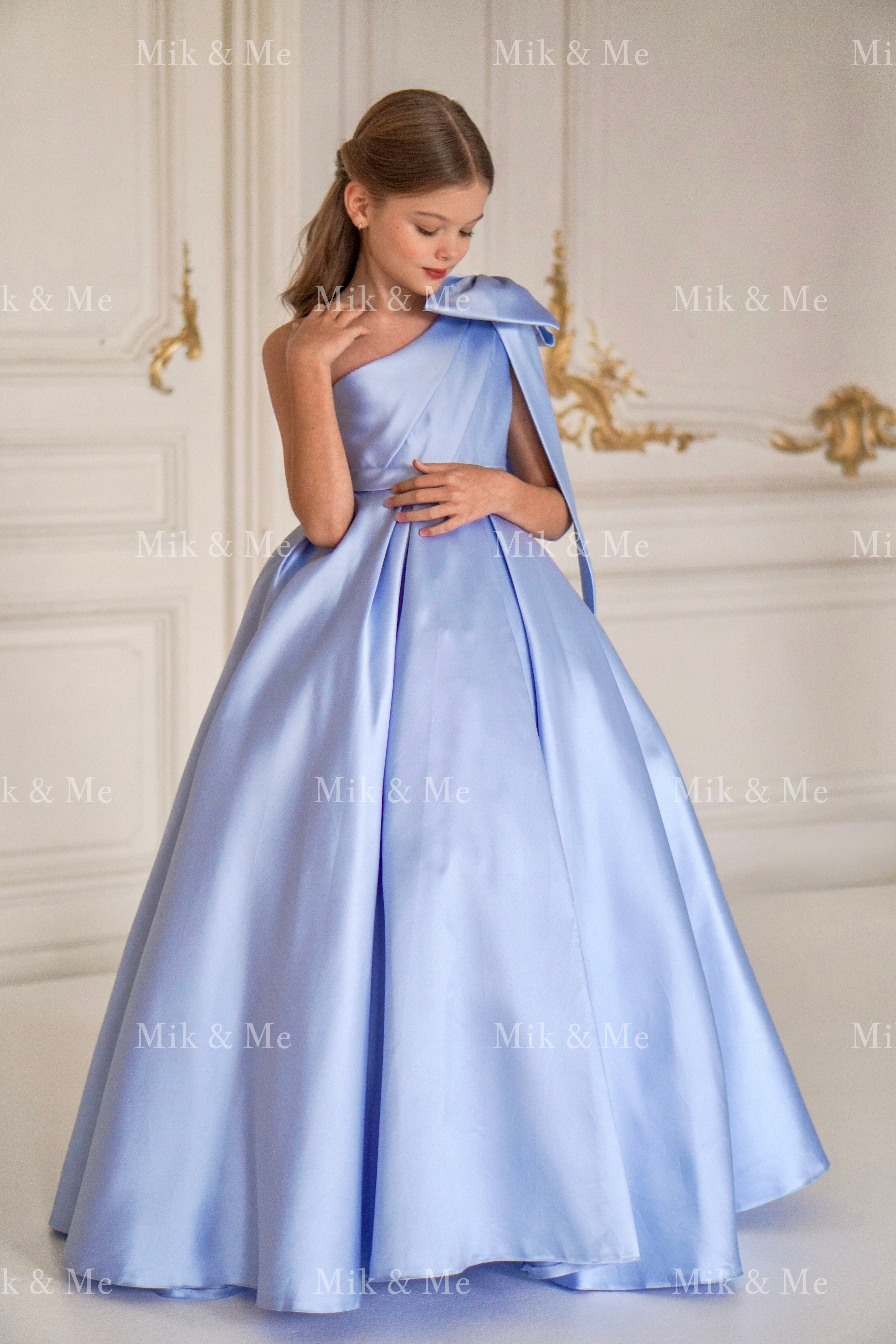 Jasmine Blue Satin Girls Special Occasion Dress (Made to order) MK004
