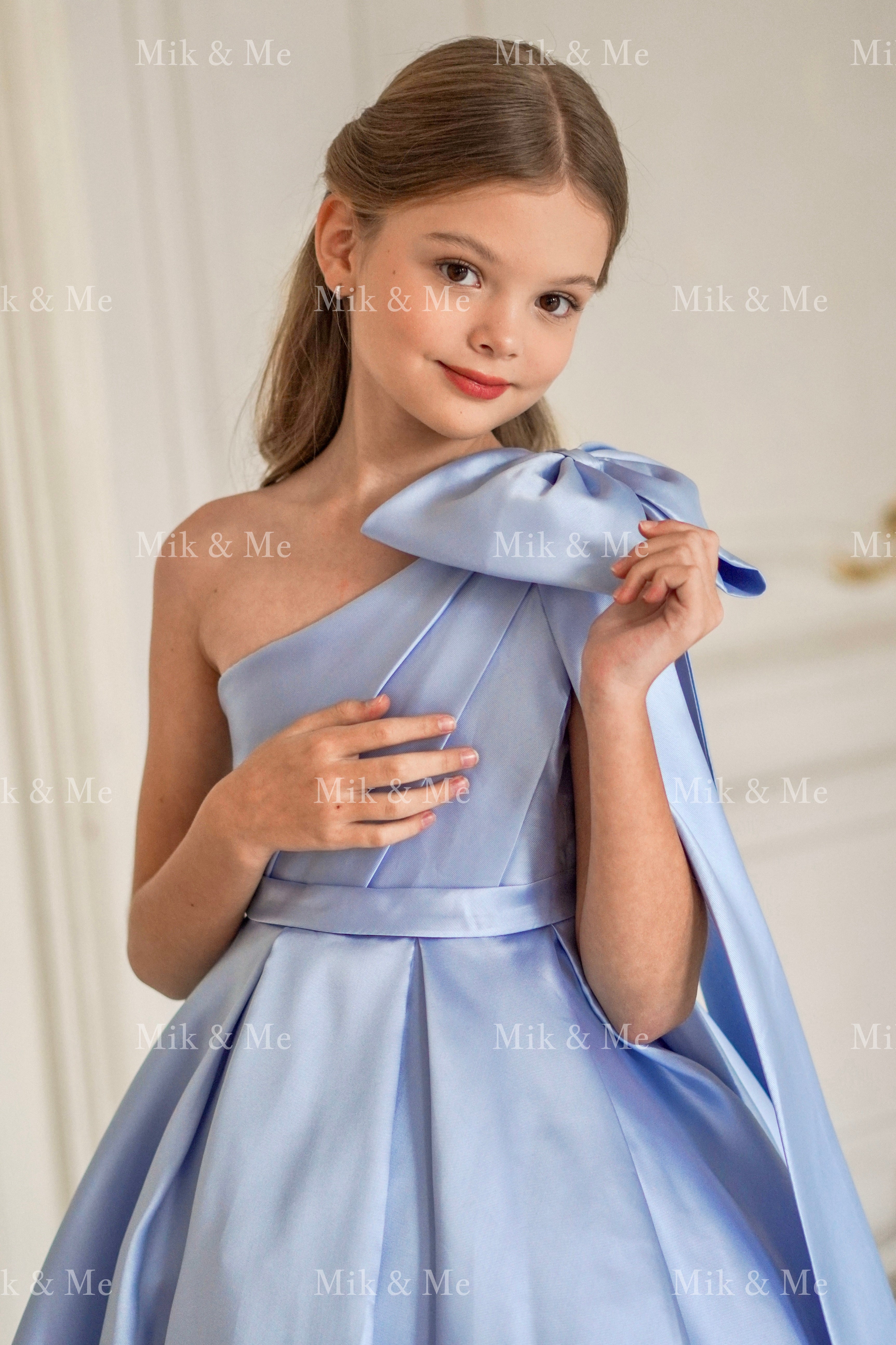 Jasmine Blue Satin Girls Special Occasion Dress (Made to order) MK004