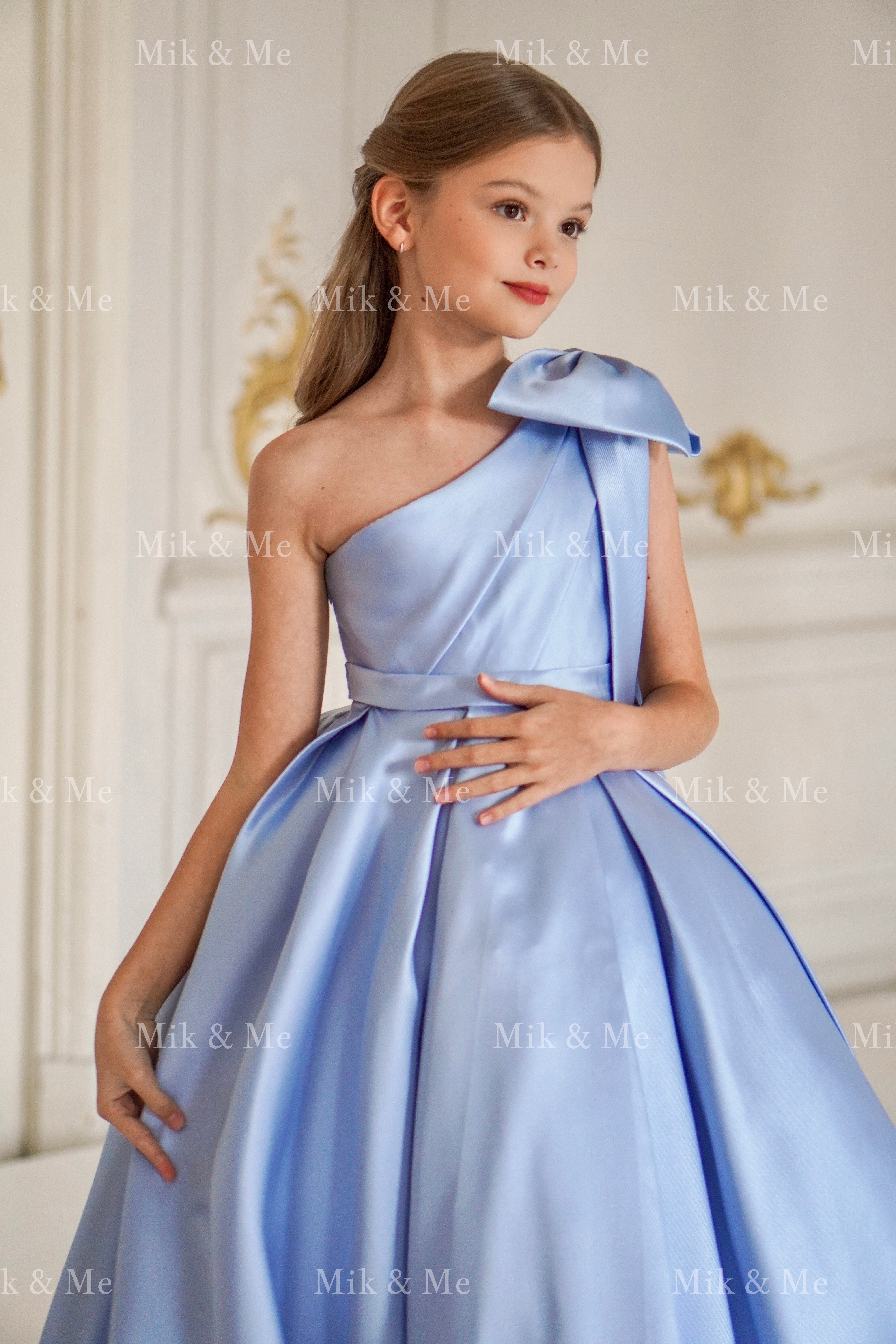 Jasmine Blue Satin Girls Special Occasion Dress (Made to order) MK004