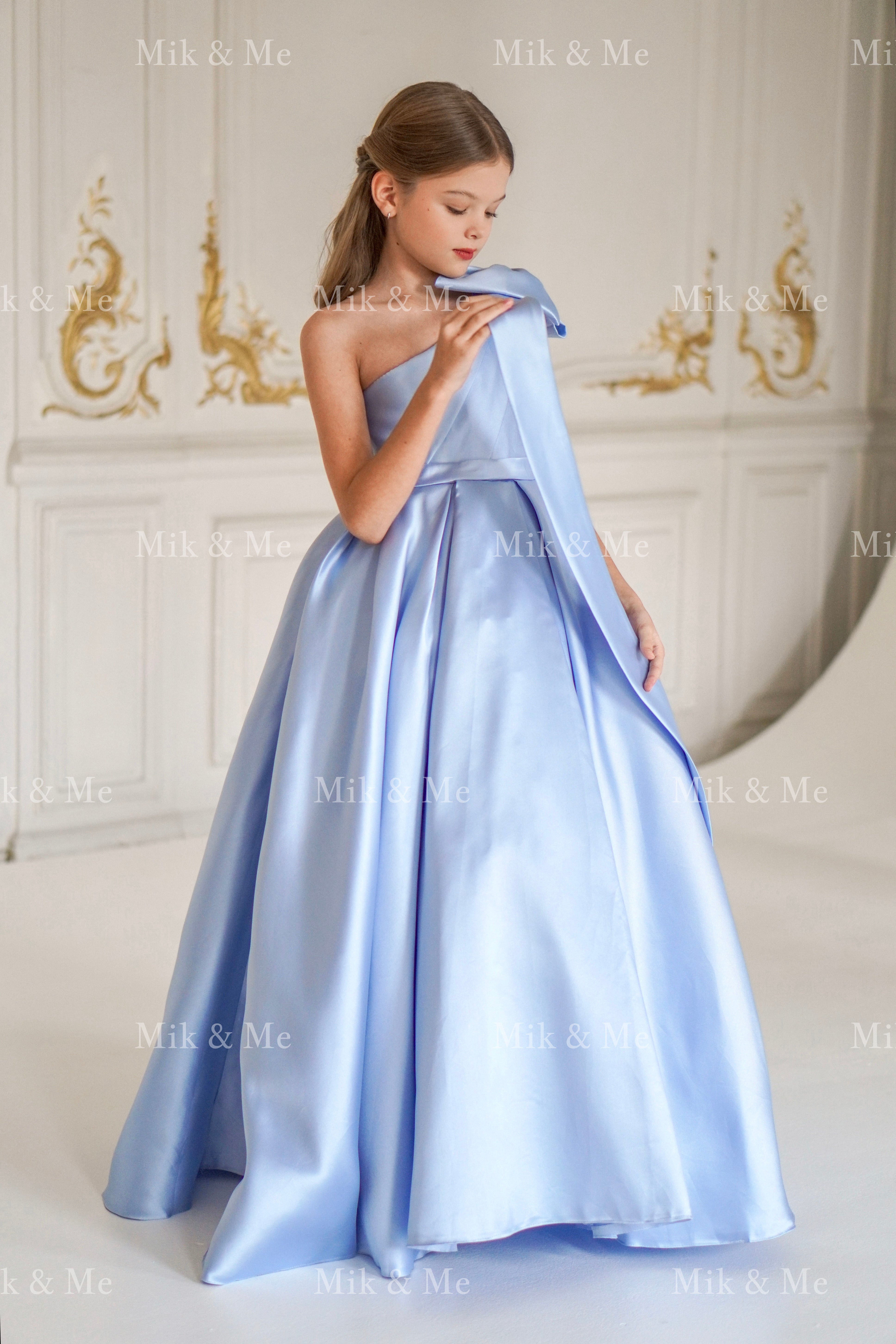 Jasmine Blue Satin Girls Special Occasion Dress (Made to order) MK004
