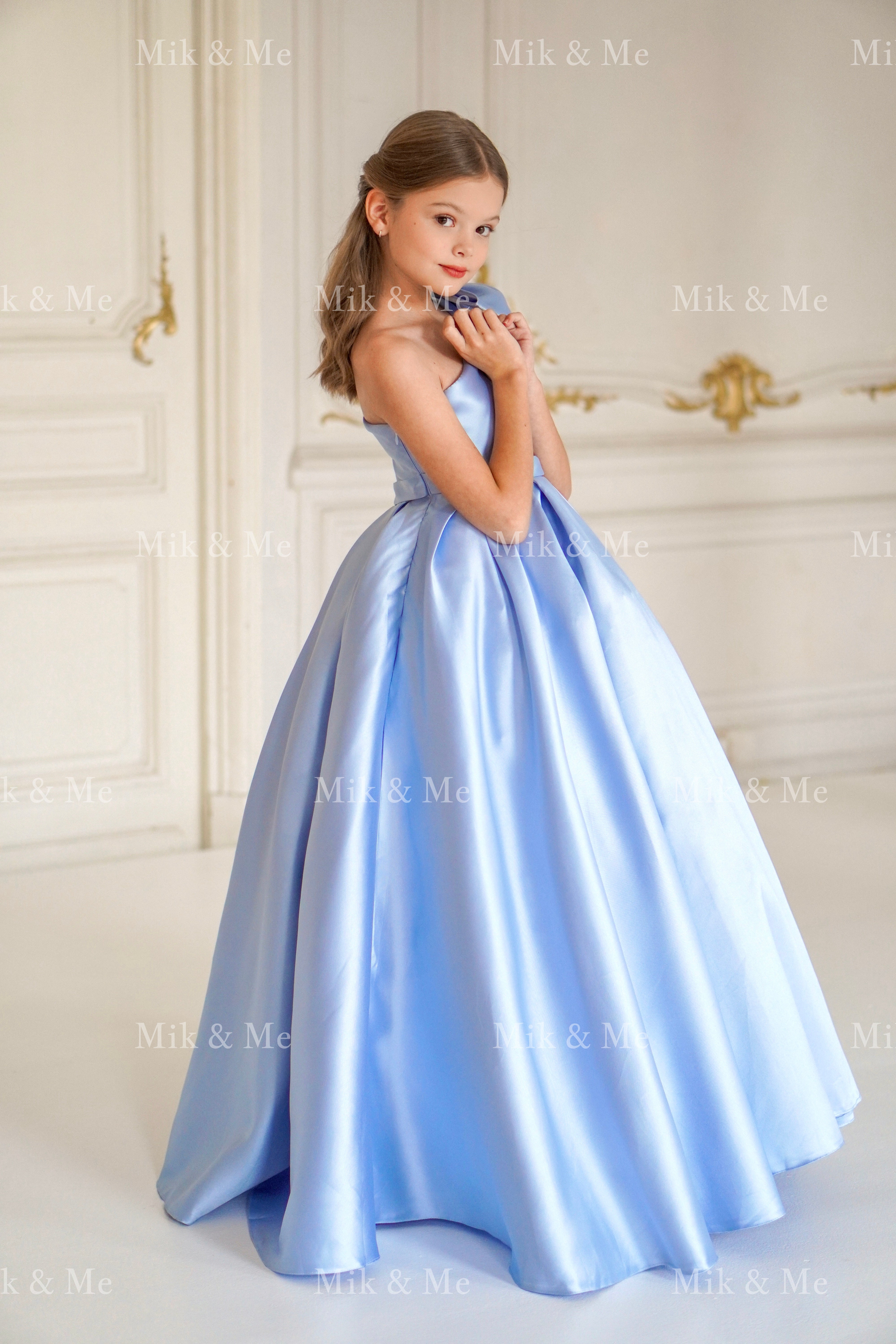 Jasmine Blue Satin Girls Special Occasion Dress (Made to order) MK004