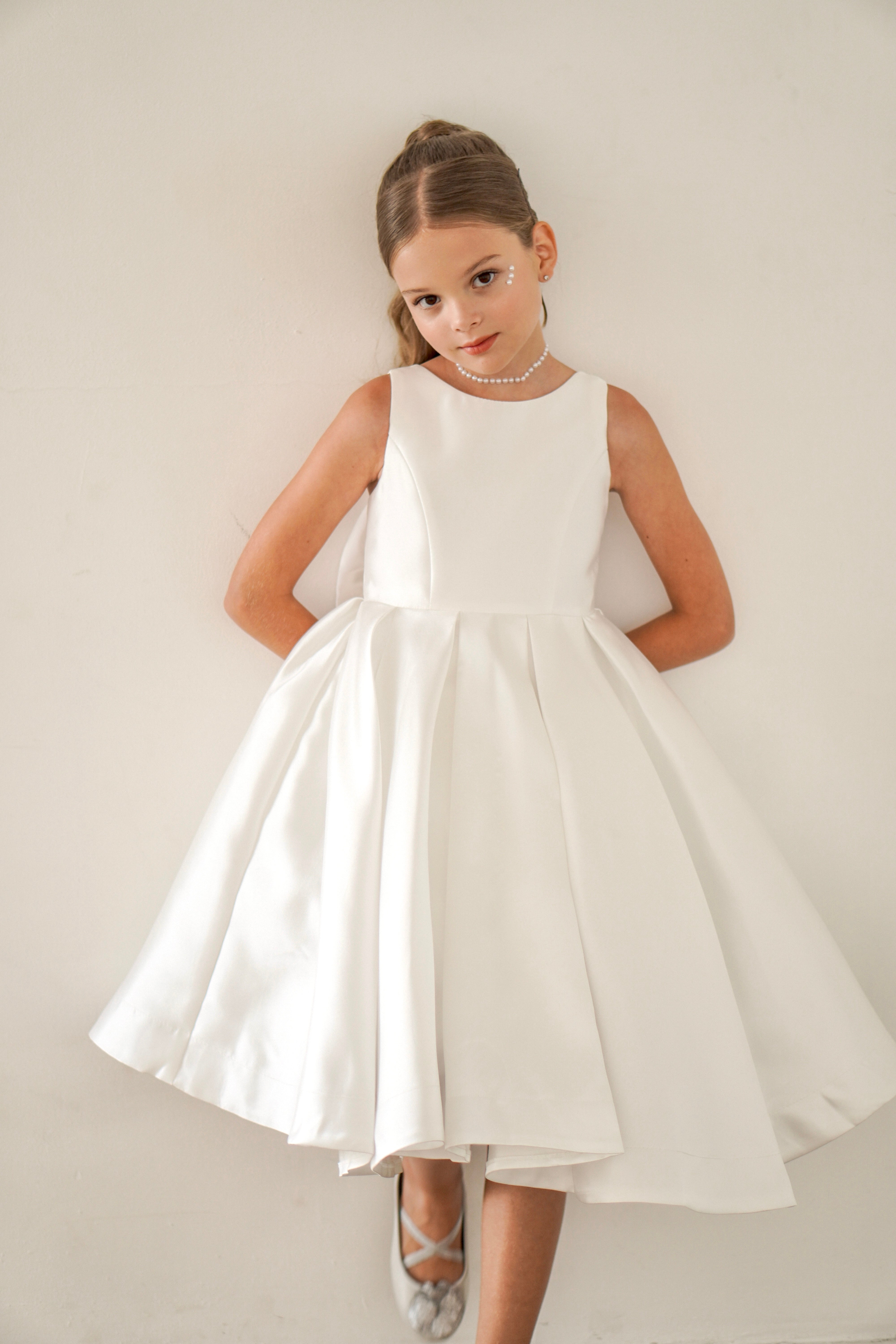 Sophia Mikado Flower Girl Dress - Knee Length (Made to order) Ivory MK007