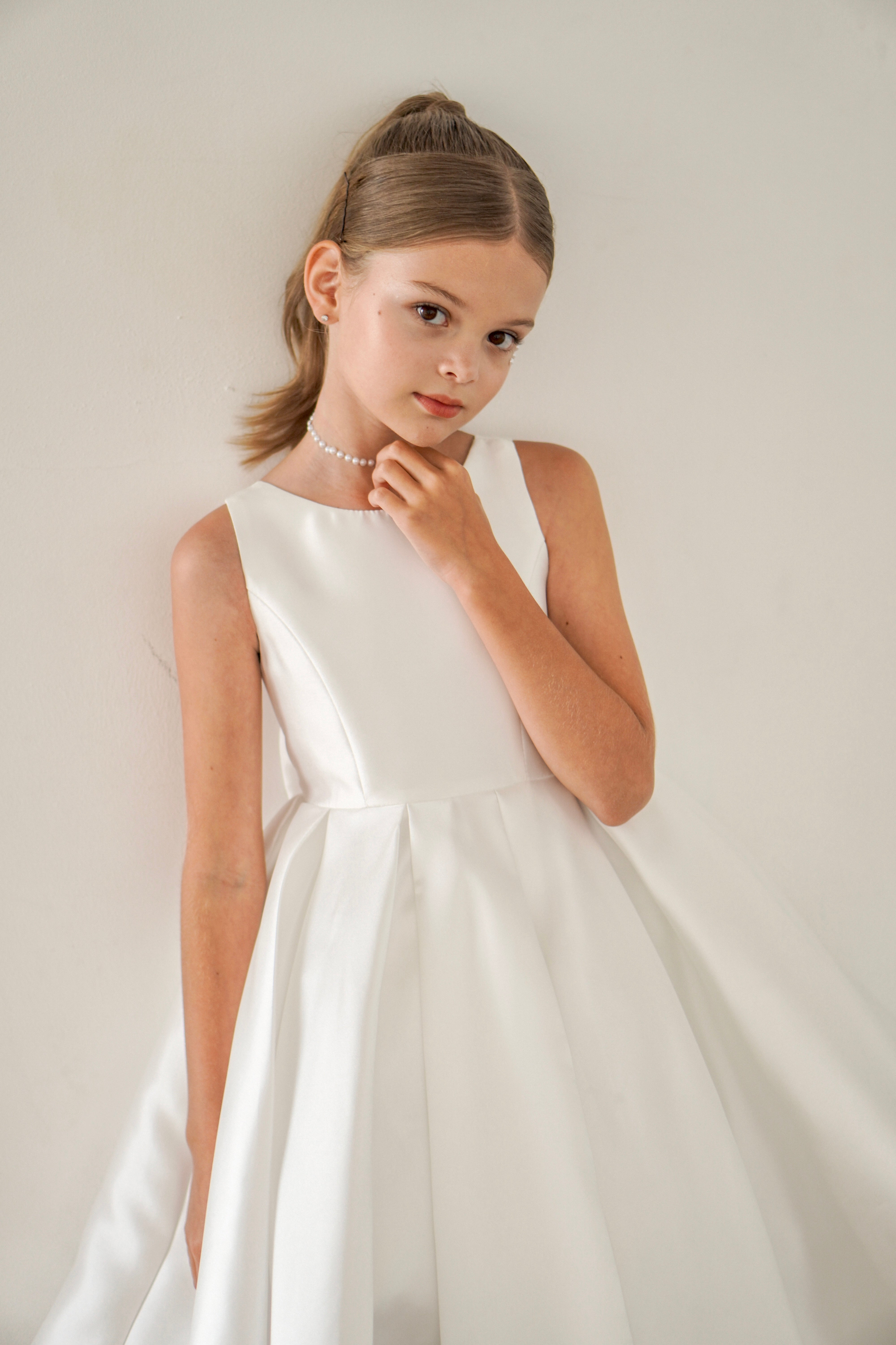 Sophia Mikado Flower Girl Dress - Knee Length (Made to order) Ivory MK007