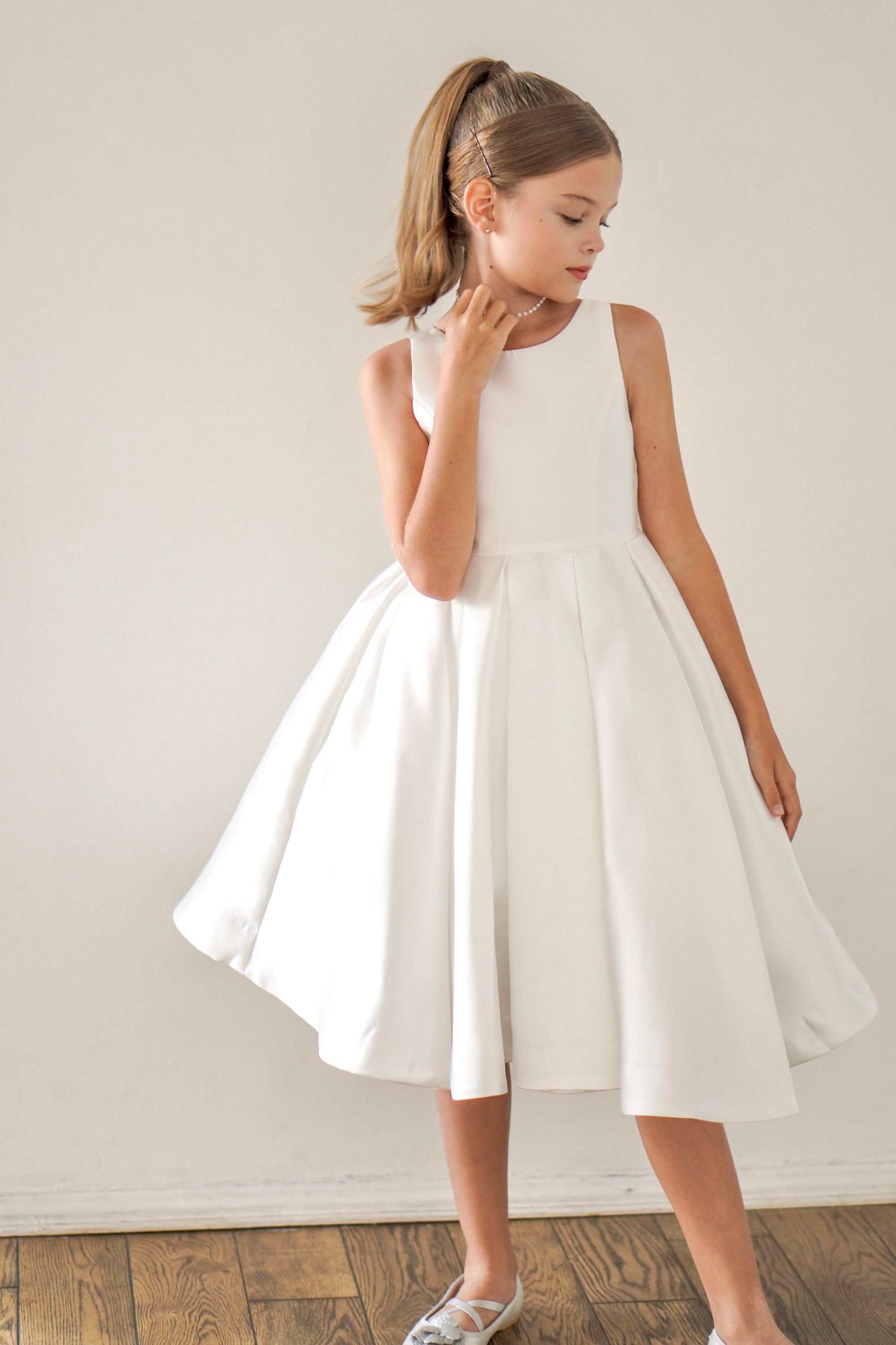 Sophia Mikado Flower Girl Dress - Knee Length (Made to order) Ivory MK007