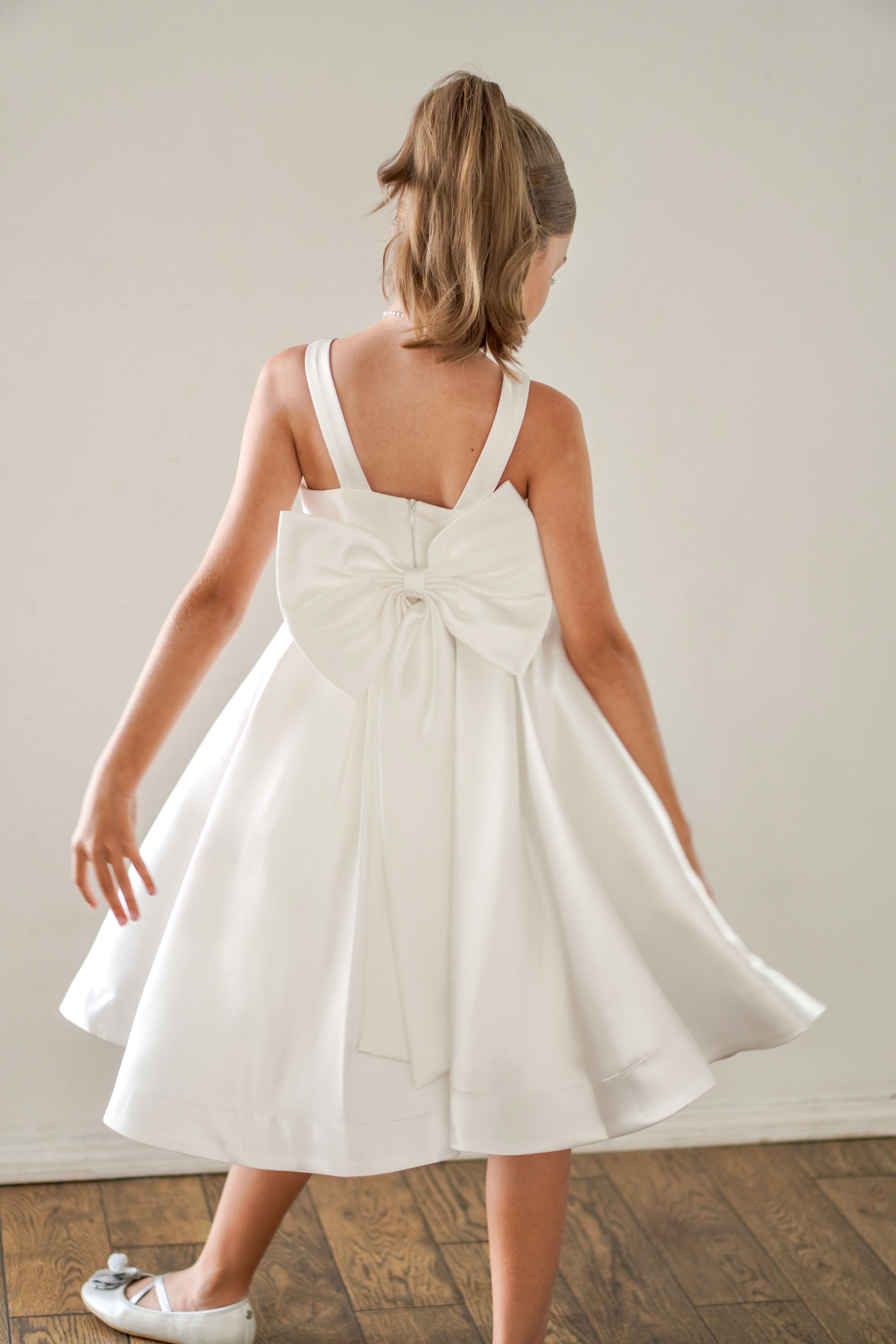 Sophia Mikado Flower Girl Dress - Knee Length (Made to order) Ivory MK007