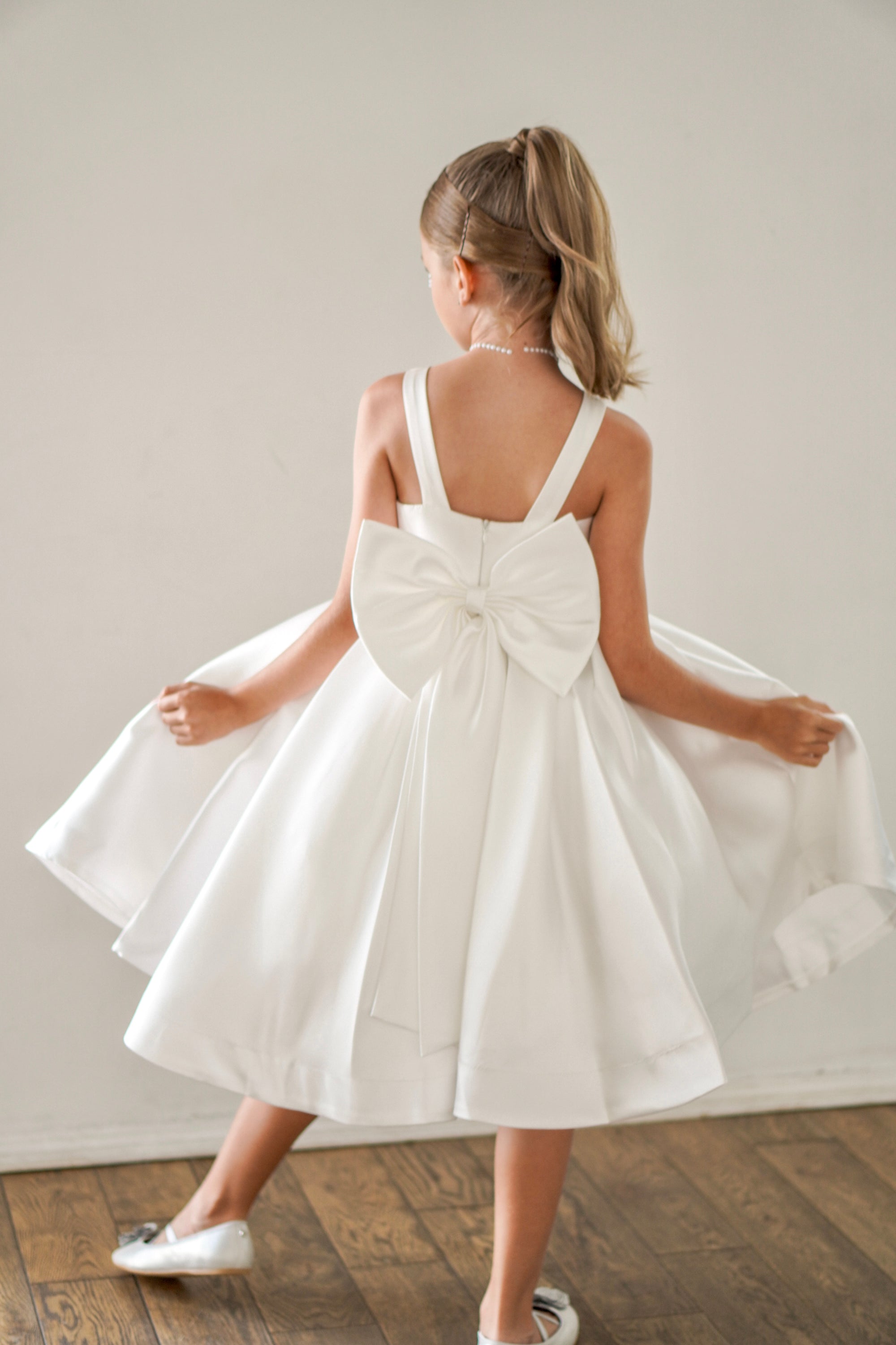 Sophia Mikado Flower Girl Dress - Knee Length (Made to order) Ivory MK007