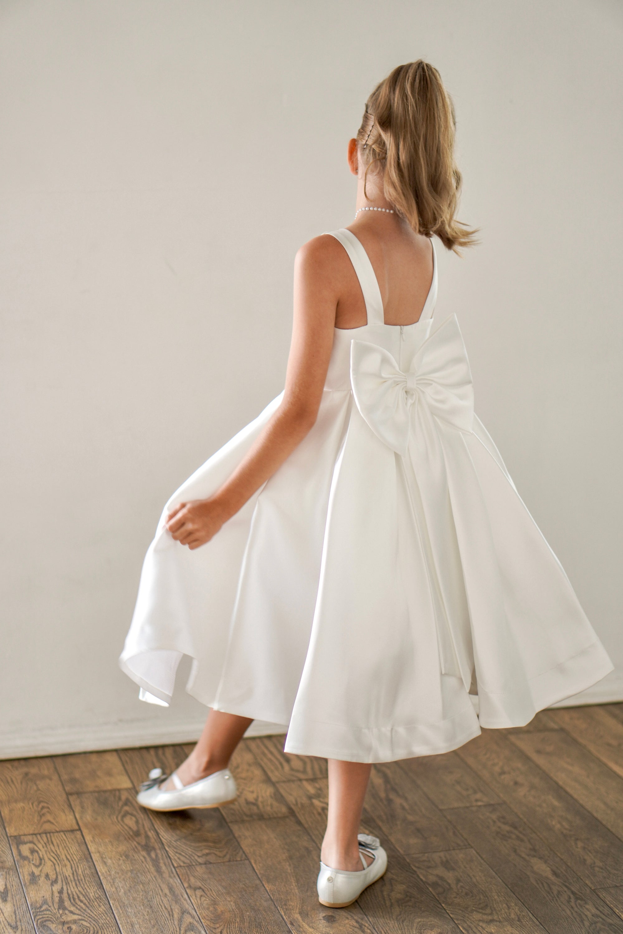 Sophia Mikado Flower Girl Dress - Knee Length (Made to order) Ivory MK007