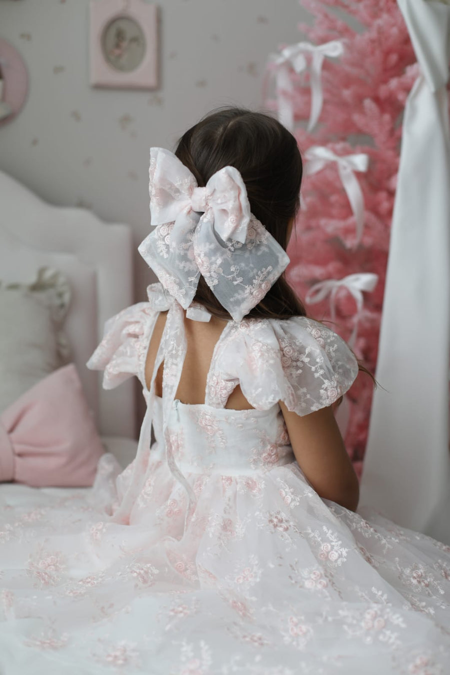 Rose Garden Dress & Hairbow - White (Made to order)