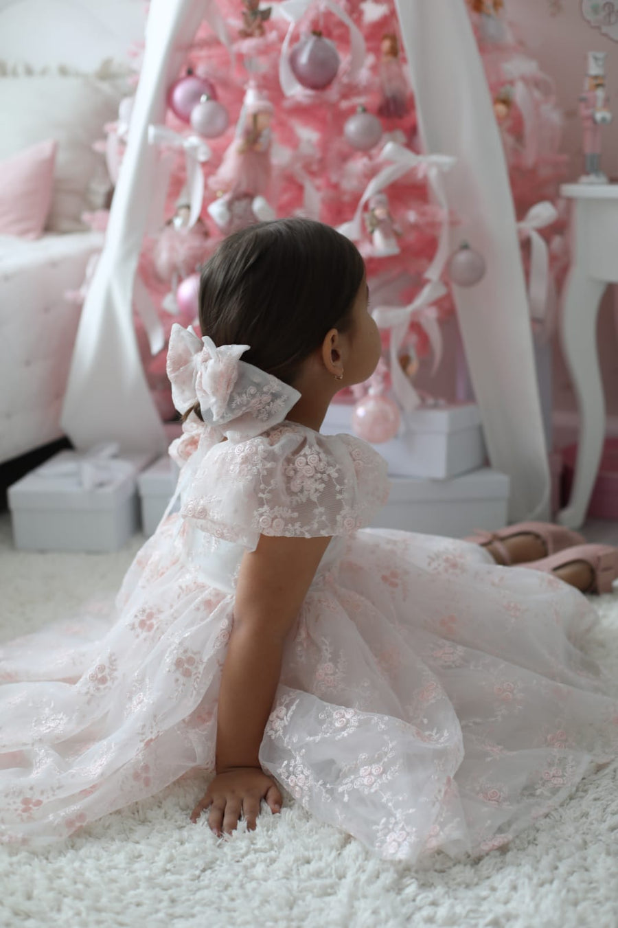 Rose Garden Dress & Hairbow - White (Made to order)