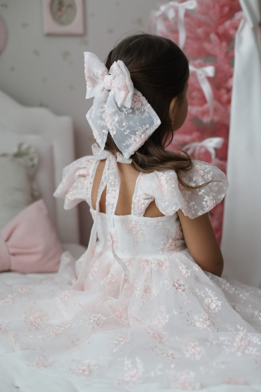 Rose Garden Dress & Hairbow - White (Made to order)