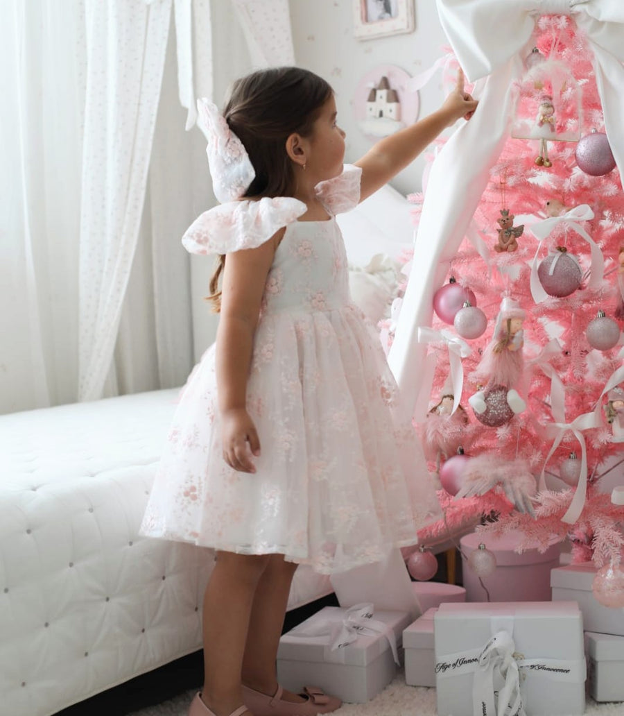 Rose Garden Dress & Hairbow - White (Made to order)