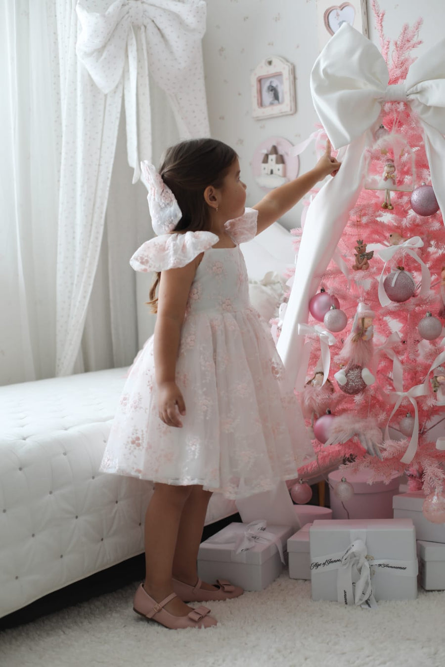 Rose Garden Dress & Hairbow - White (Made to order)