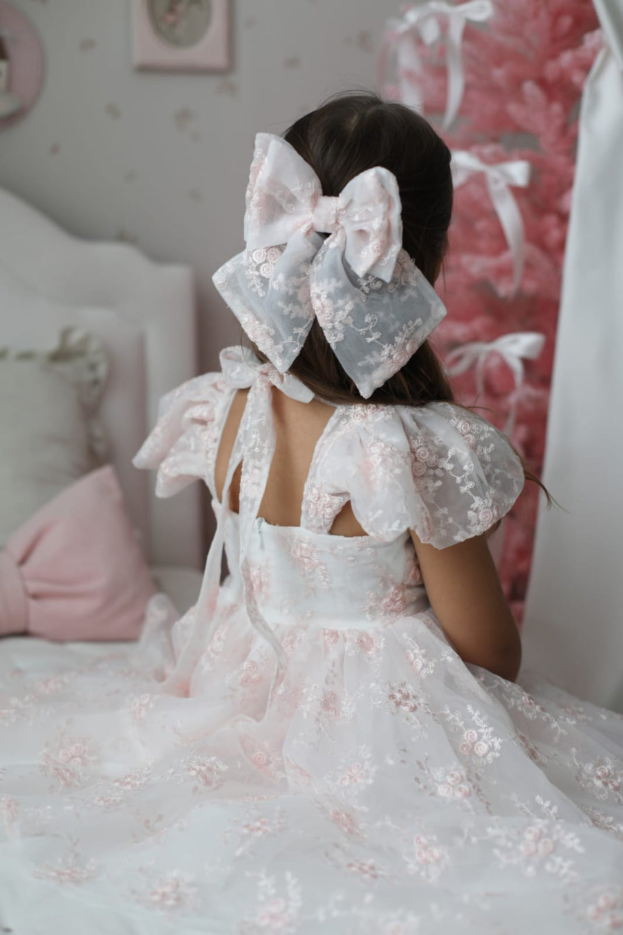 Rose Garden Dress & Hairbow - White (Made to order)