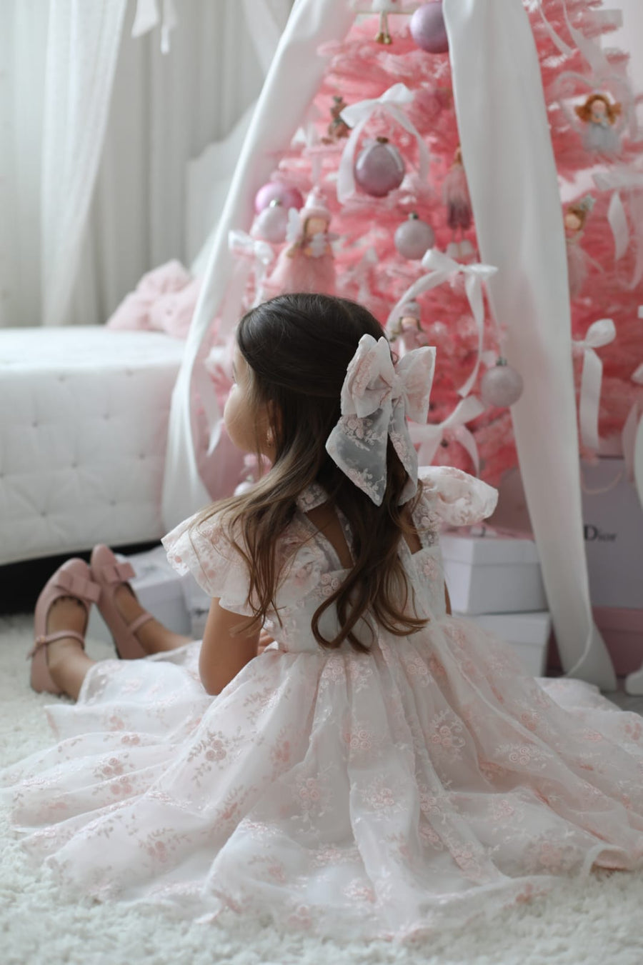 Rose Garden Dress & Hairbow - White (Made to order)