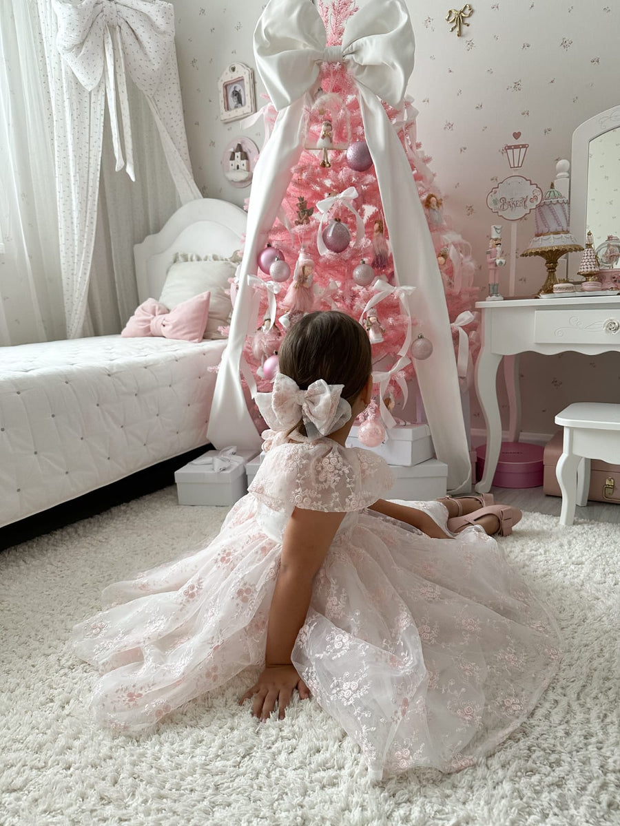 Rose Garden Dress & Hairbow - White (Made to order)