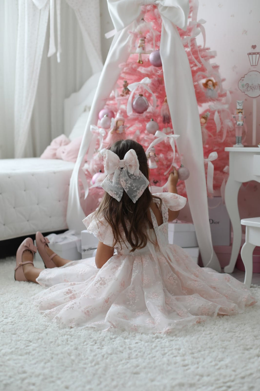 Rose Garden Dress & Hairbow - White (Made to order)