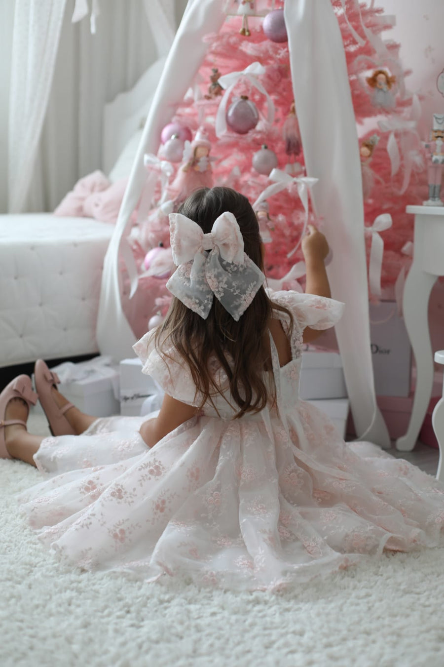 Rose Garden Dress & Hairbow - White (Made to order)