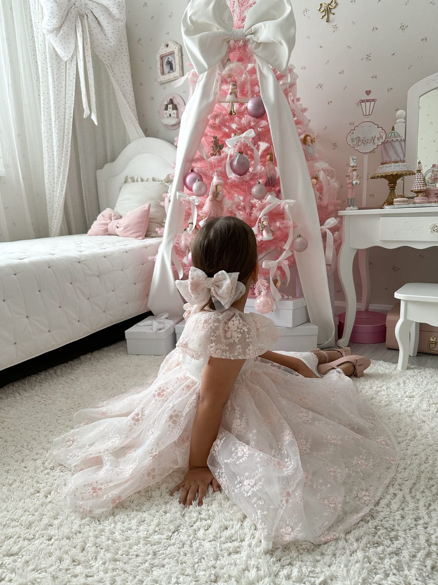 Rose Garden Dress & Hairbow - White (Made to order)