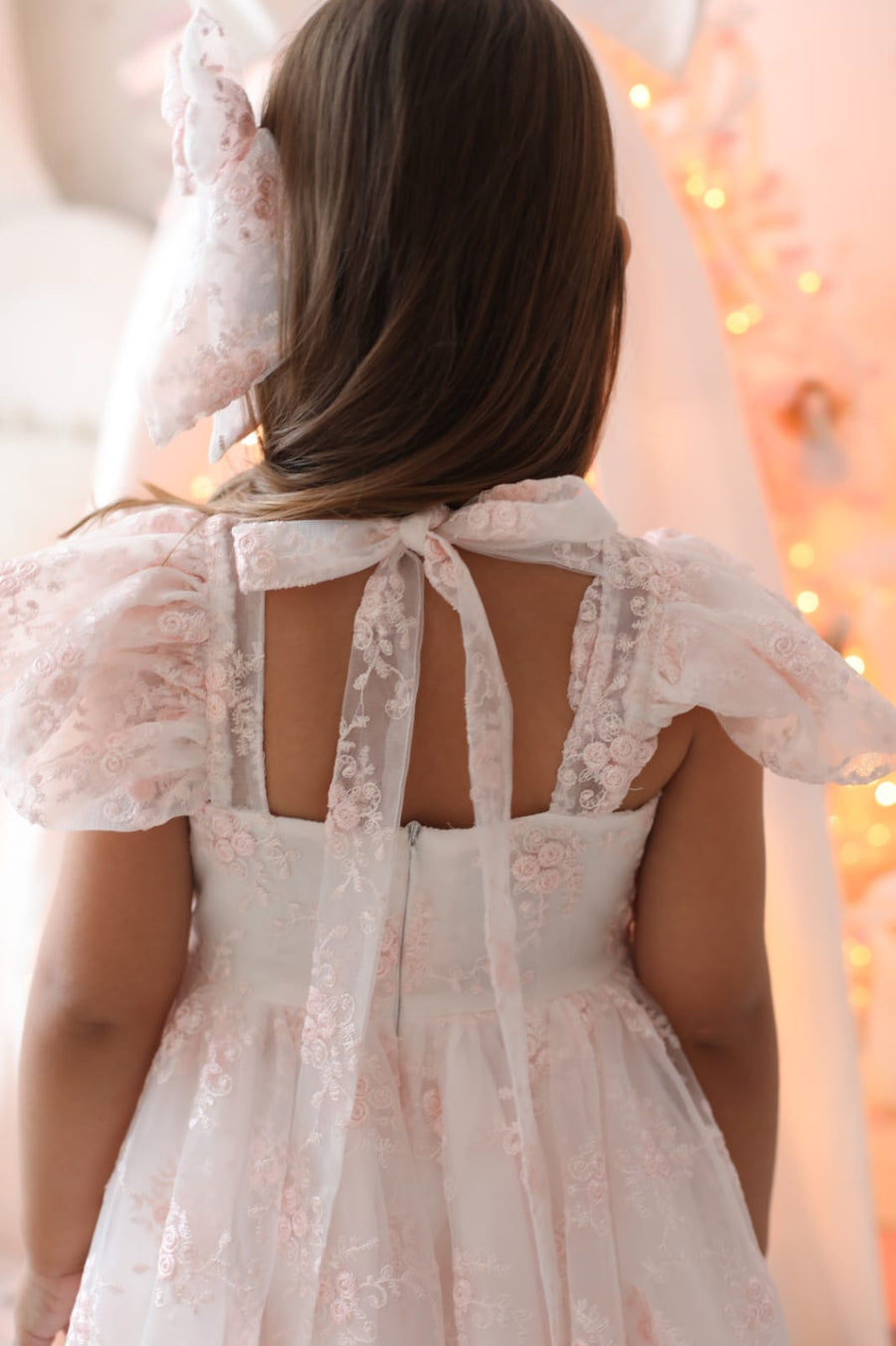 Rose Garden Dress & Hairbow - White (Made to order)