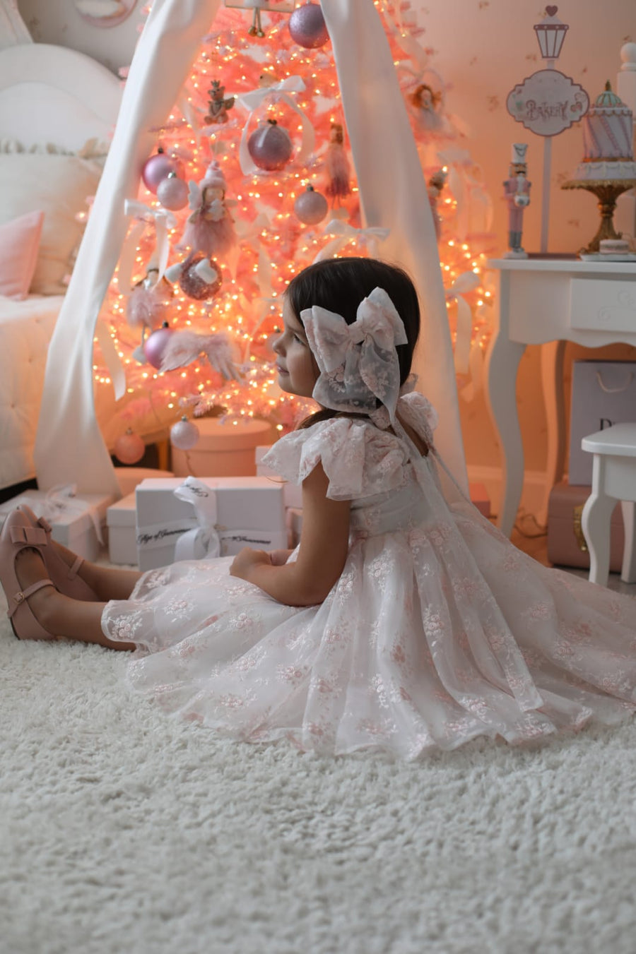 Rose Garden Dress & Hairbow - White (Made to order)