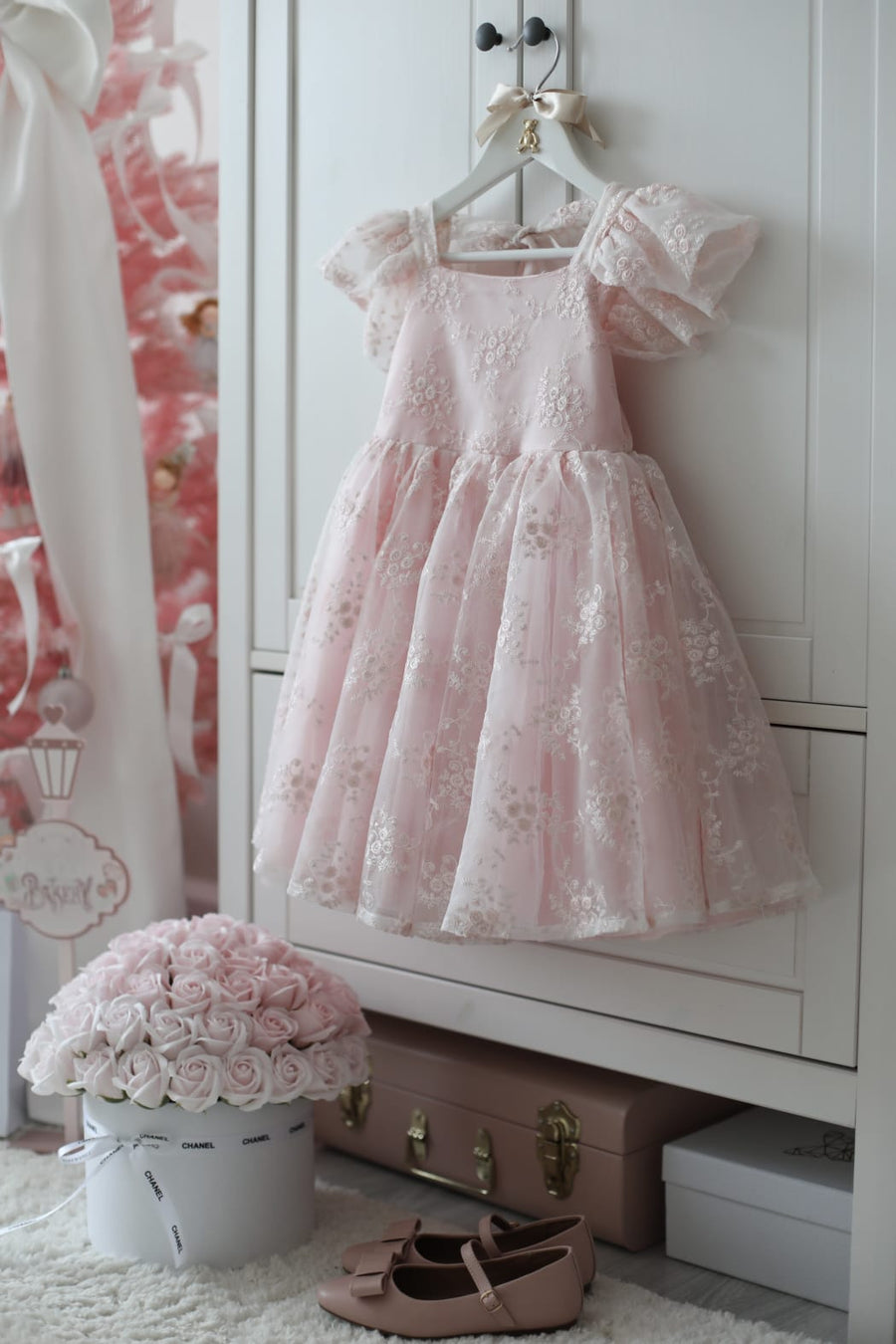 Rose Garden Dress & Hair Bow - Pink ( Made to order )