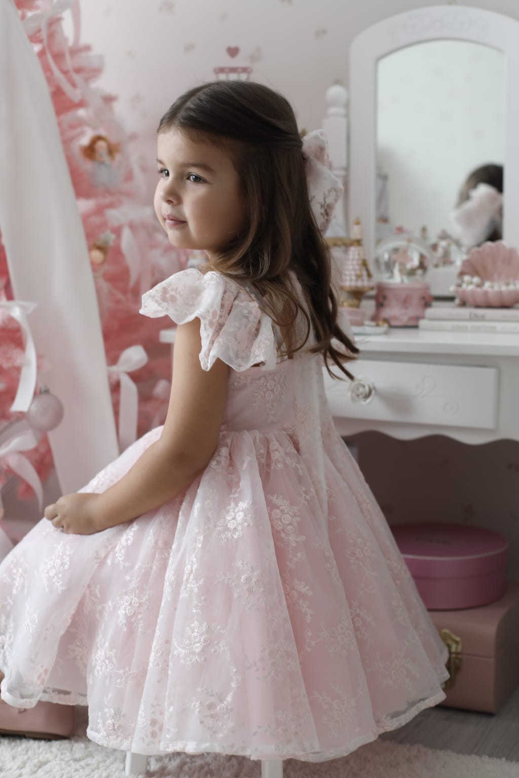 Rose Garden Dress & Hair Bow - Pink ( Made to order ) MK024
