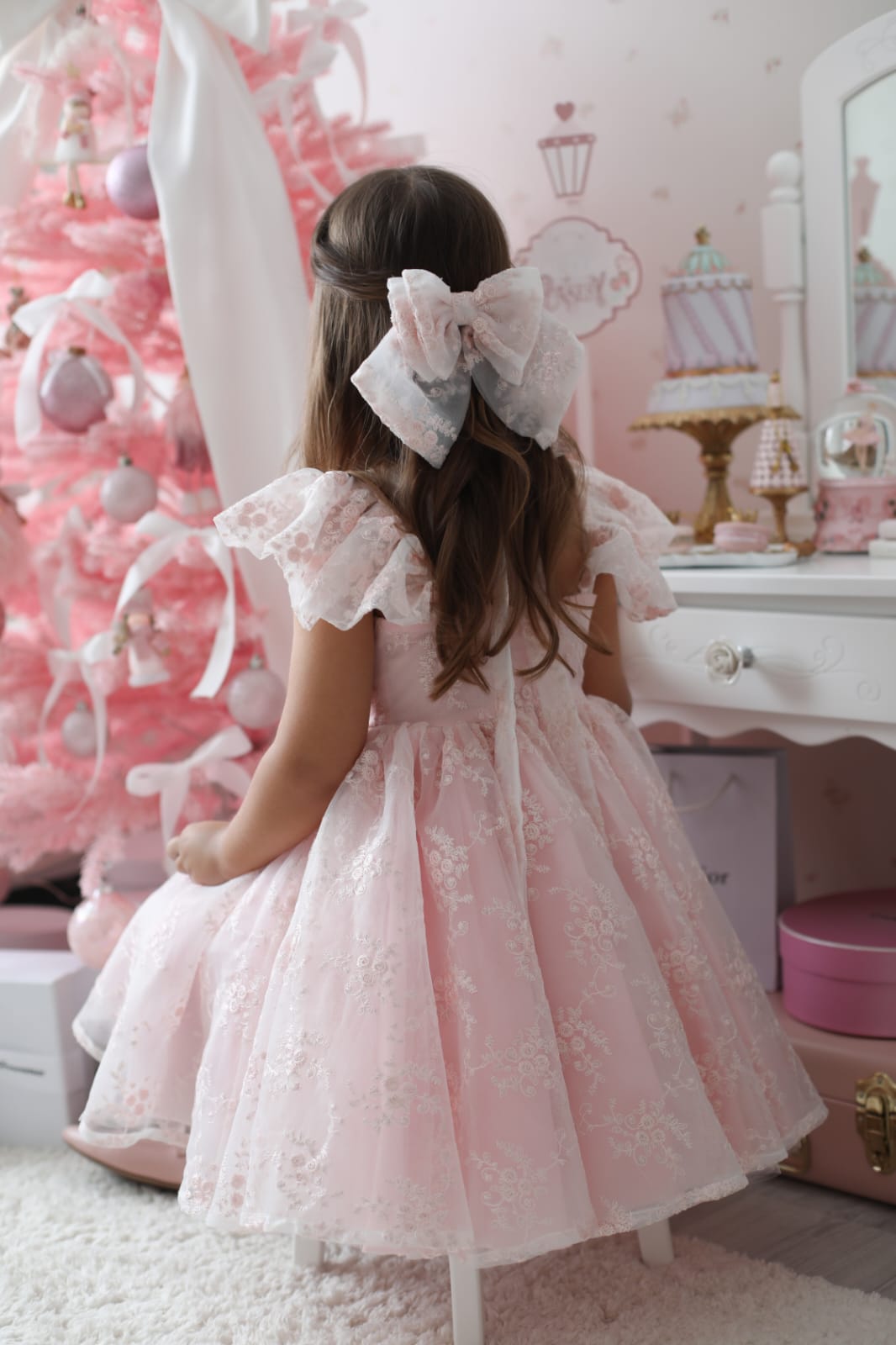 Rose Garden Dress &amp; Hair Bow - Pink ( Made to order ) MK024