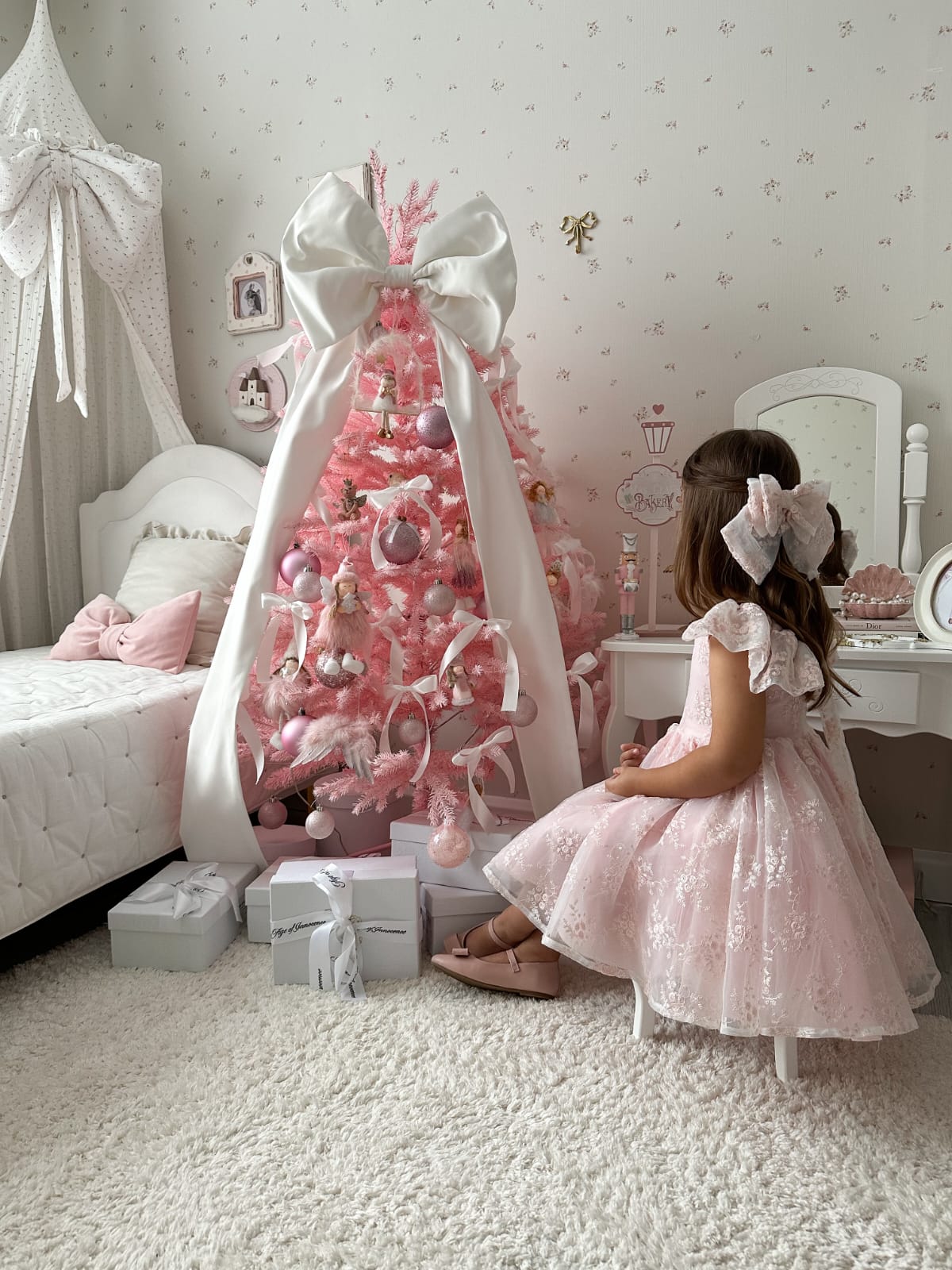 Rose Garden Dress &amp; Hair Bow - Pink ( Made to order ) MK024