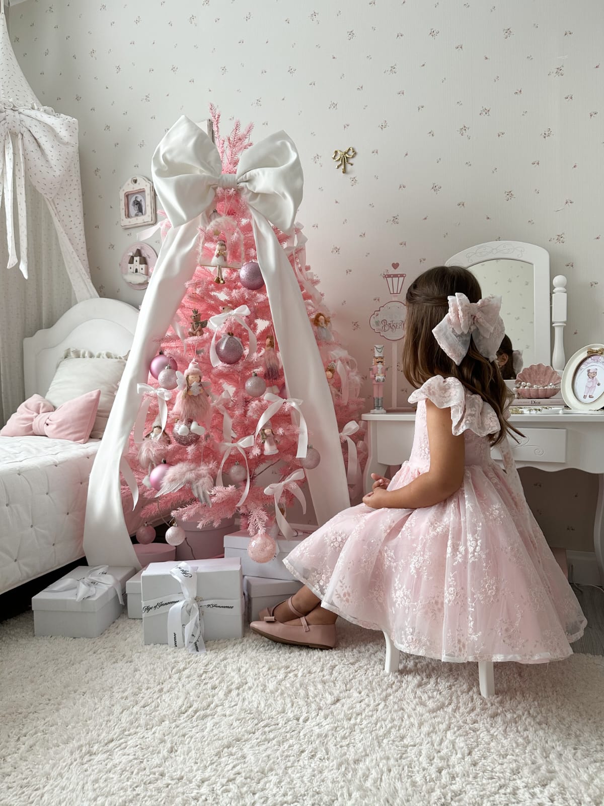 Rose Garden Dress &amp; Hair Bow - Pink ( Made to order ) MK024