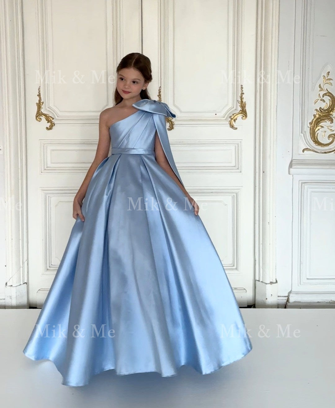 Jasmine Blue Satin Girls Special Occasion Dress (Made to order) MK004