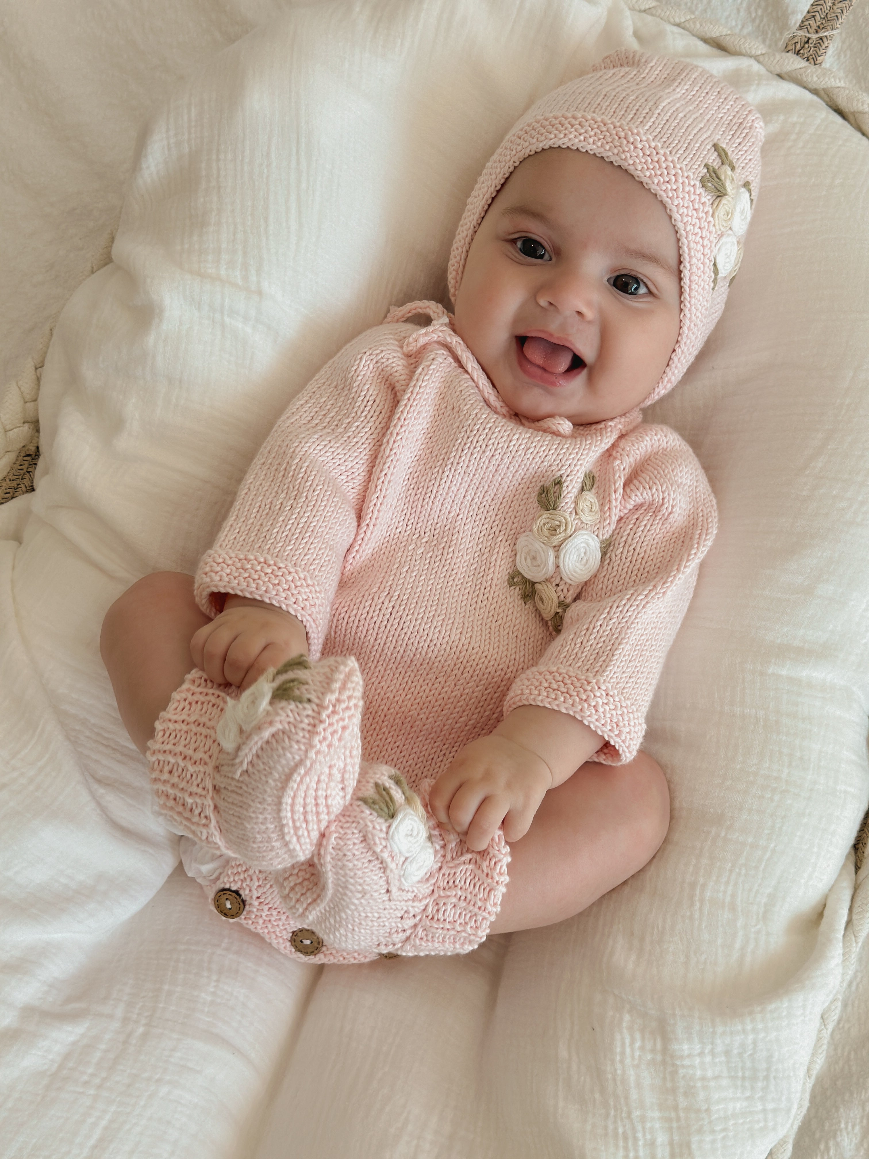 Handmade Knit Floral Head Bonnet & Foot Booties