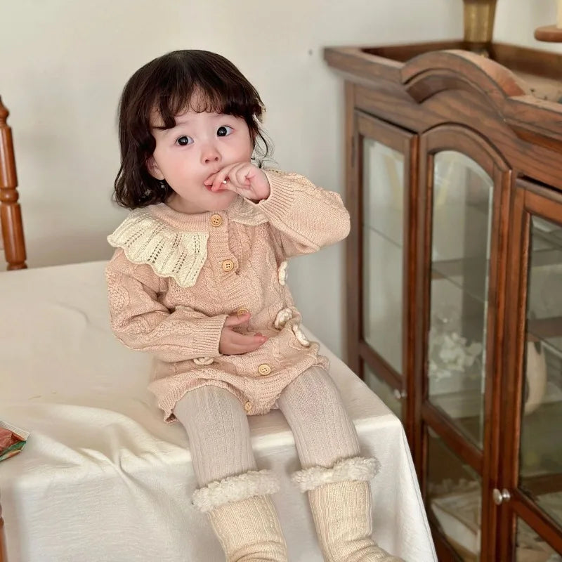 Baby Girl Knitted Romper with Ruffled Collar