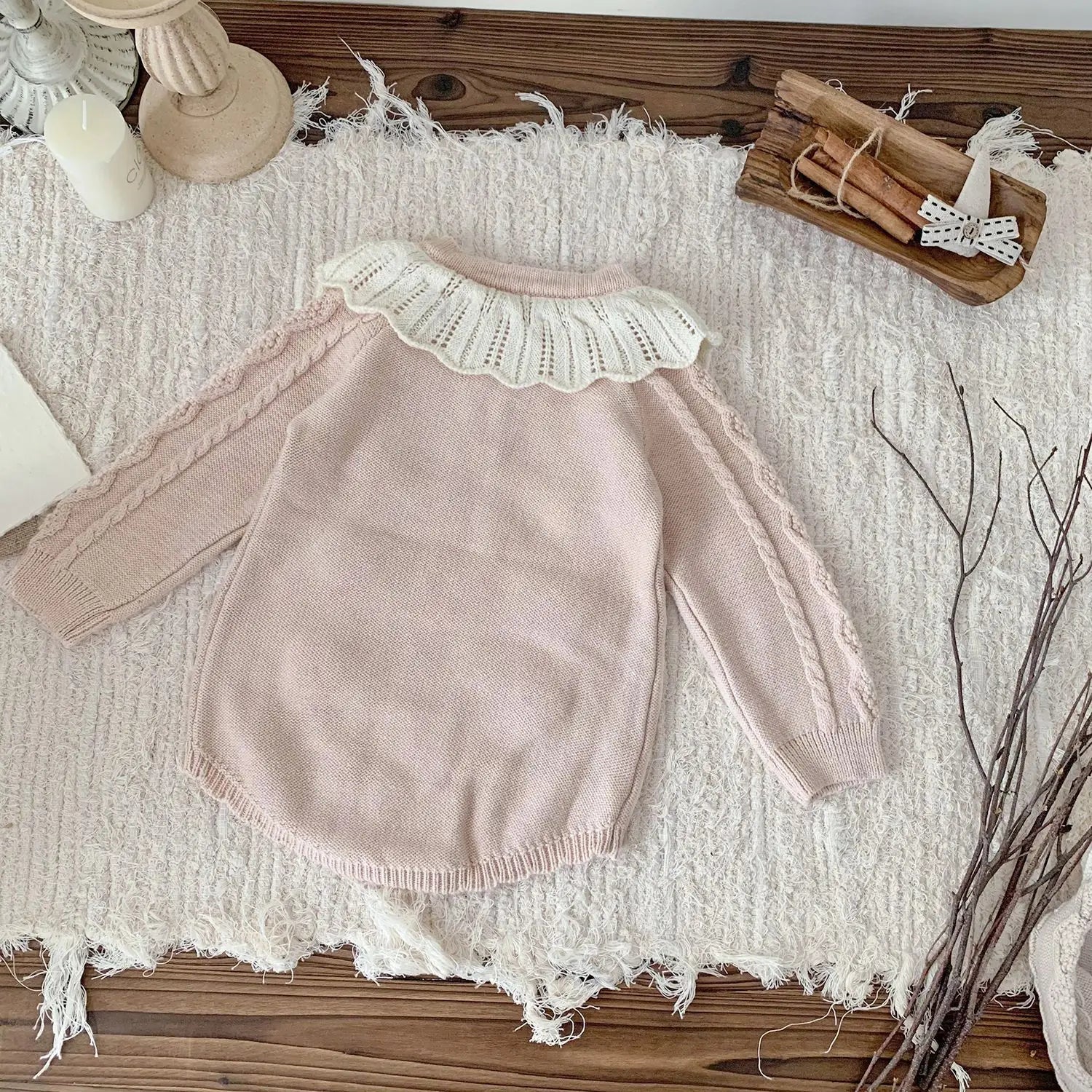 Baby Girl Knitted Romper with Ruffled Collar
