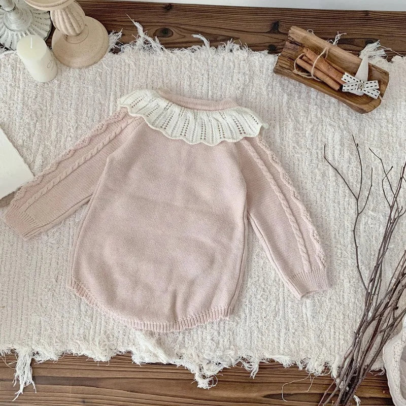 Baby Girl Knitted Romper with Ruffled Collar