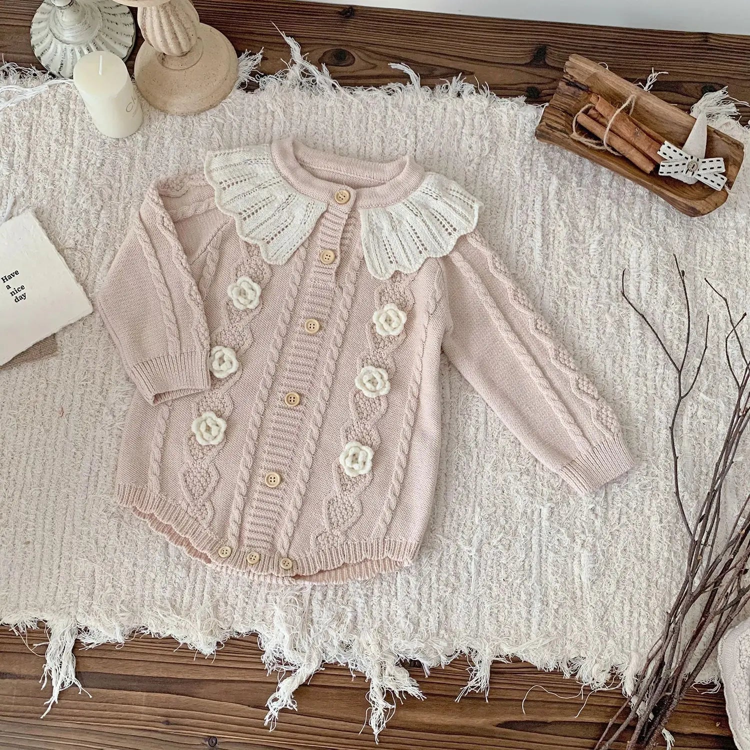 Baby Girl Knitted Romper with Ruffled Collar