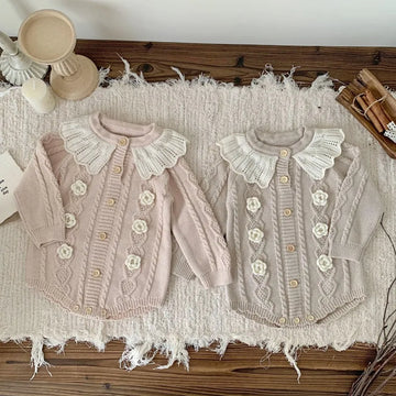 Baby Girl Knitted Romper with Ruffled Collar
