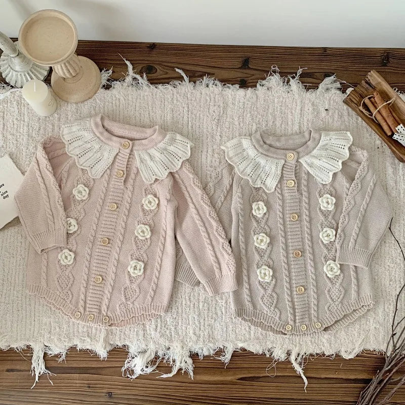 Baby Girl Knitted Romper with Ruffled Collar