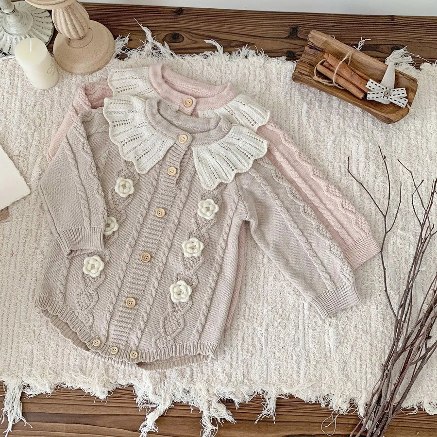 Baby Girl Knitted Romper with Ruffled Collar