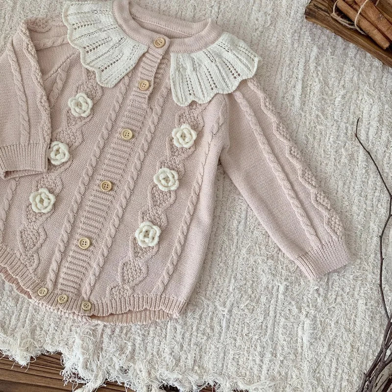 Baby Girl Knitted Romper with Ruffled Collar