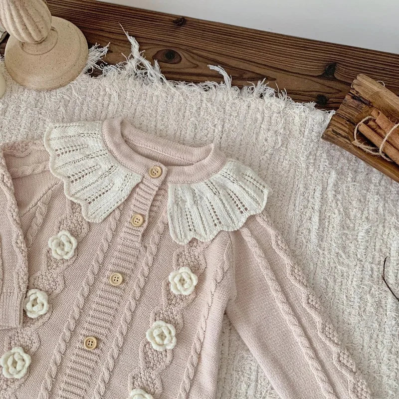 Baby Girl Knitted Romper with Ruffled Collar