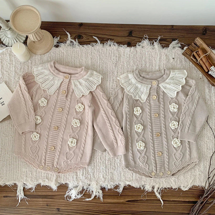 Baby Girl Knitted Romper with Ruffled Collar