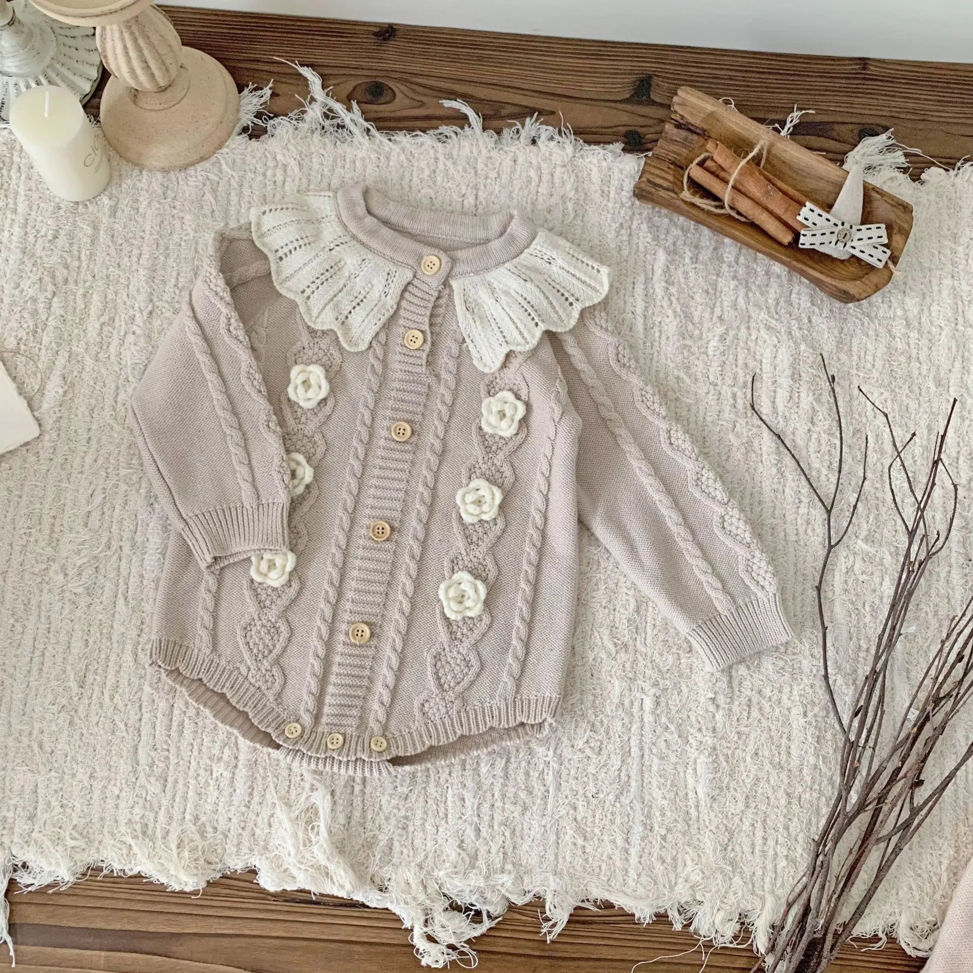 Baby Girl Knitted Romper with Ruffled Collar