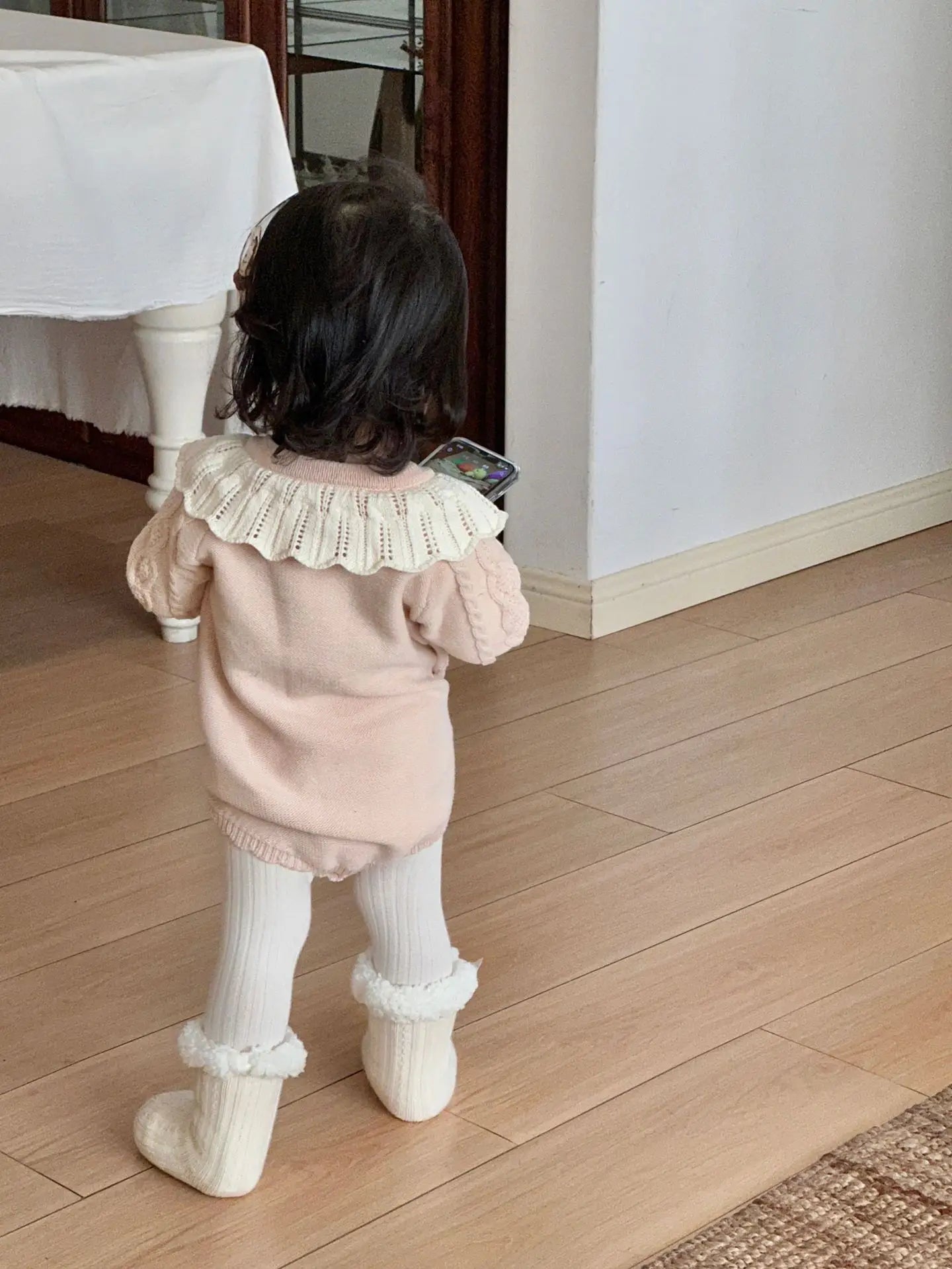 Baby Girl Knitted Romper with Ruffled Collar