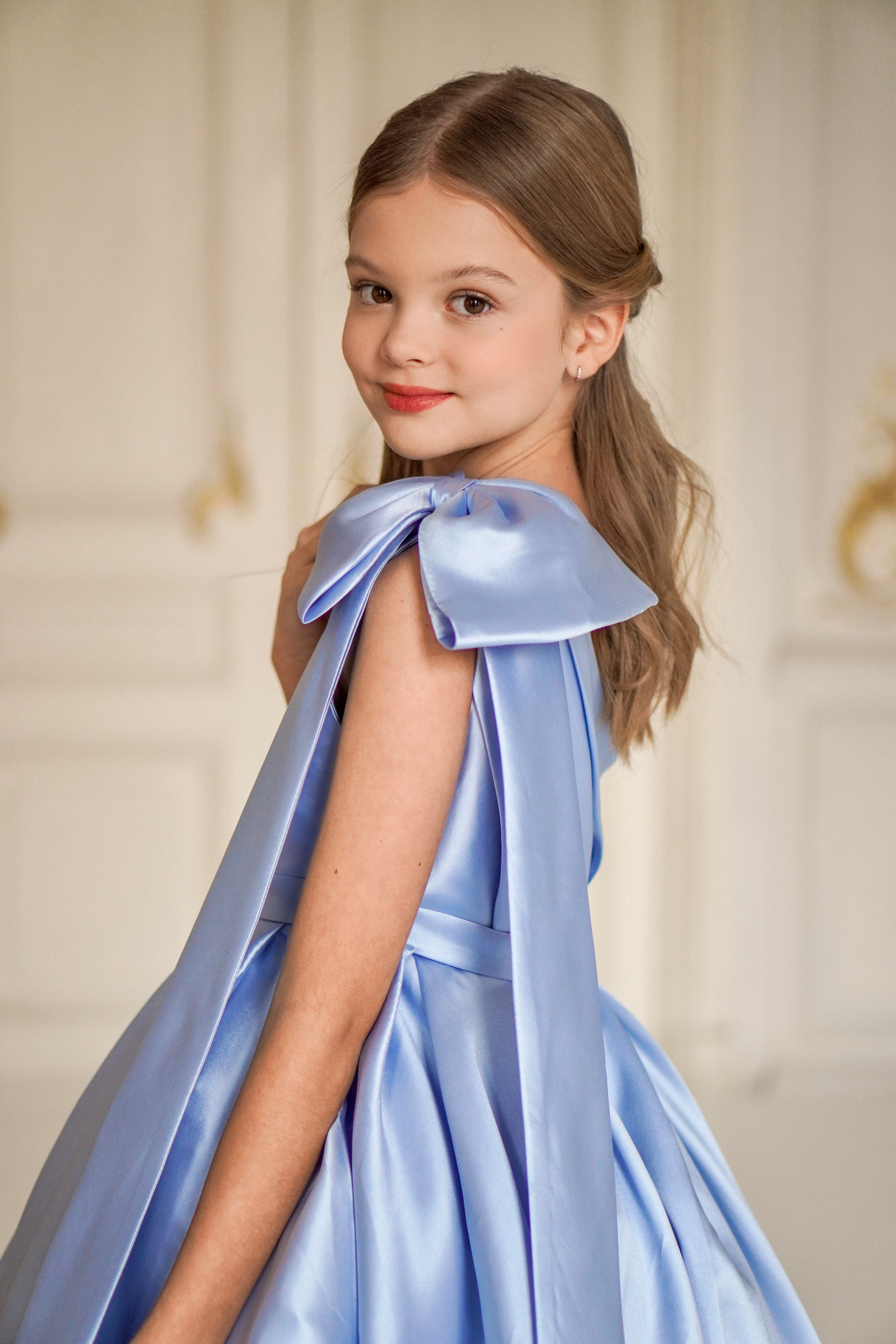 Jasmine Blue Satin Girls Special Occasion Dress (Made to order) MK004