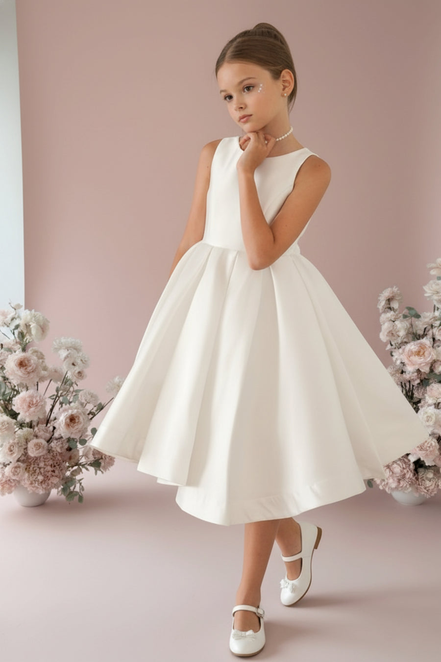 Sophia Mikado Flower Girl Dress - Knee Length (Made to order) Ivory MK007